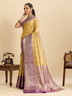 Vedant Vastram Soft Litchi Silk Kanjeevaram Silk Jacquard Saree - Yellow - Distacart