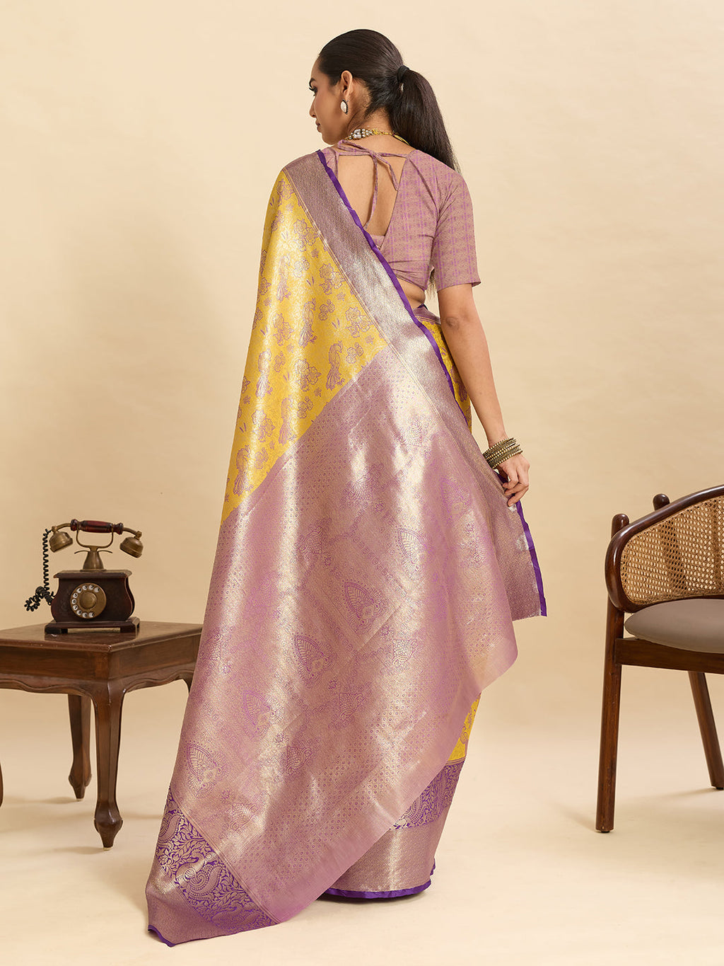 Vedant Vastram Soft Litchi Silk Kanjeevaram Silk Jacquard Saree - Yellow - Distacart