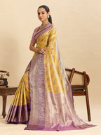 Vedant Vastram Soft Litchi Silk Kanjeevaram Silk Jacquard Saree - Yellow - Distacart