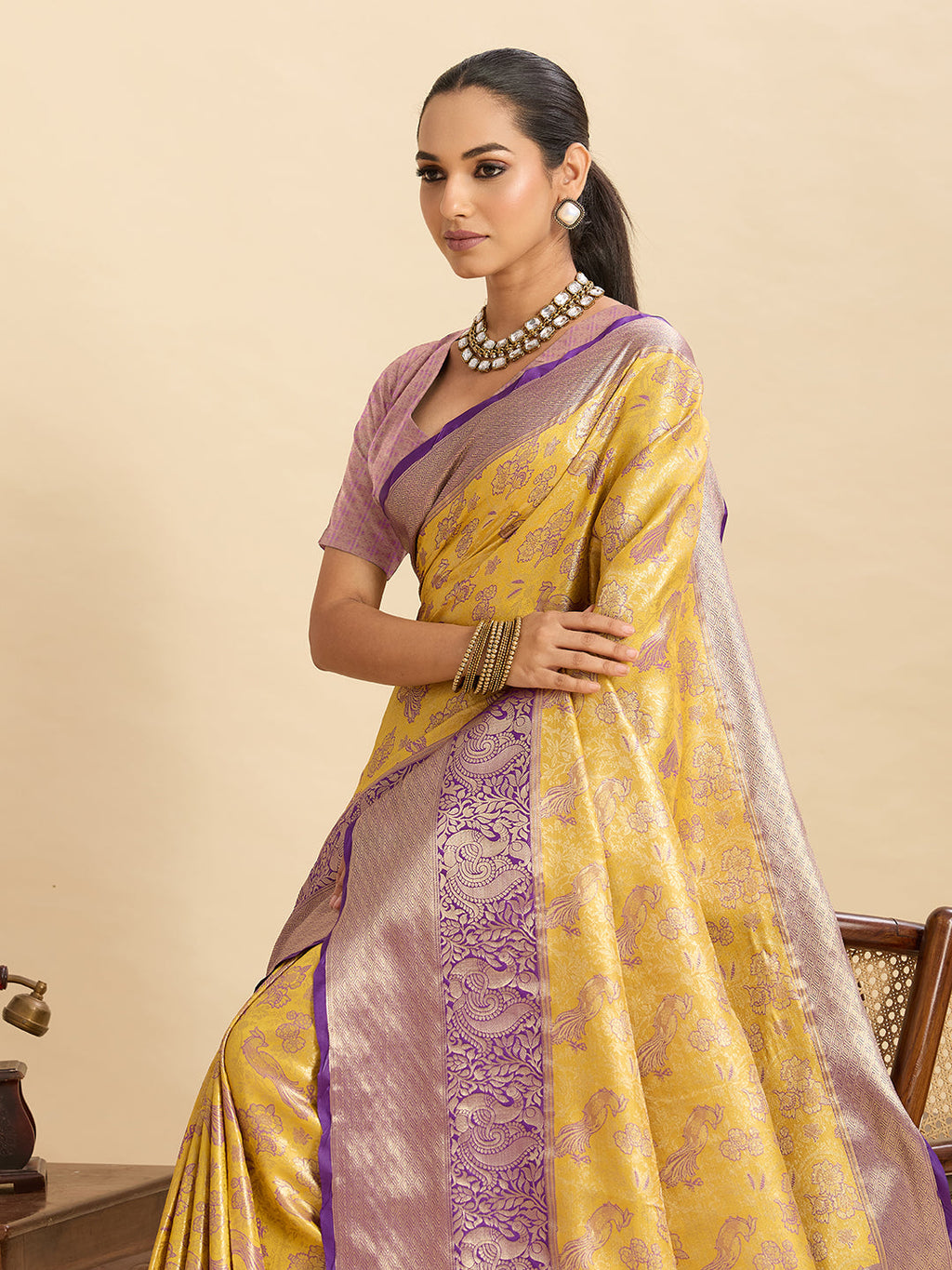 Vedant Vastram Soft Litchi Silk Kanjeevaram Silk Jacquard Saree - Yellow - Distacart