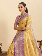 Vedant Vastram Soft Litchi Silk Kanjeevaram Silk Jacquard Saree - Yellow - Distacart