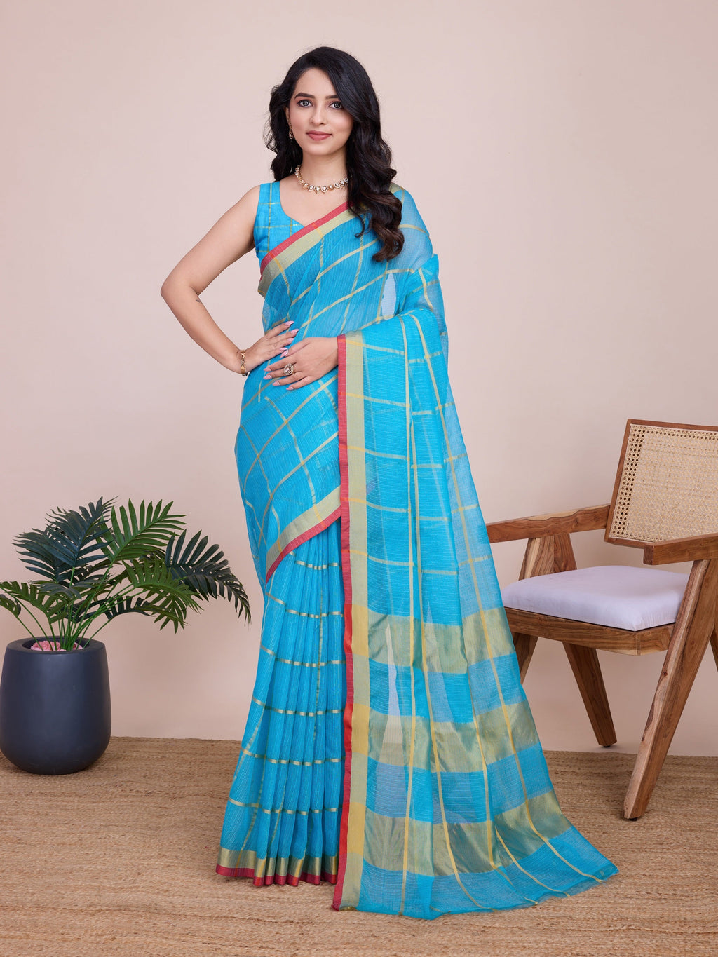 Vedant Vastram Cotton Silk Jacquard Fancy Saree - Firozi