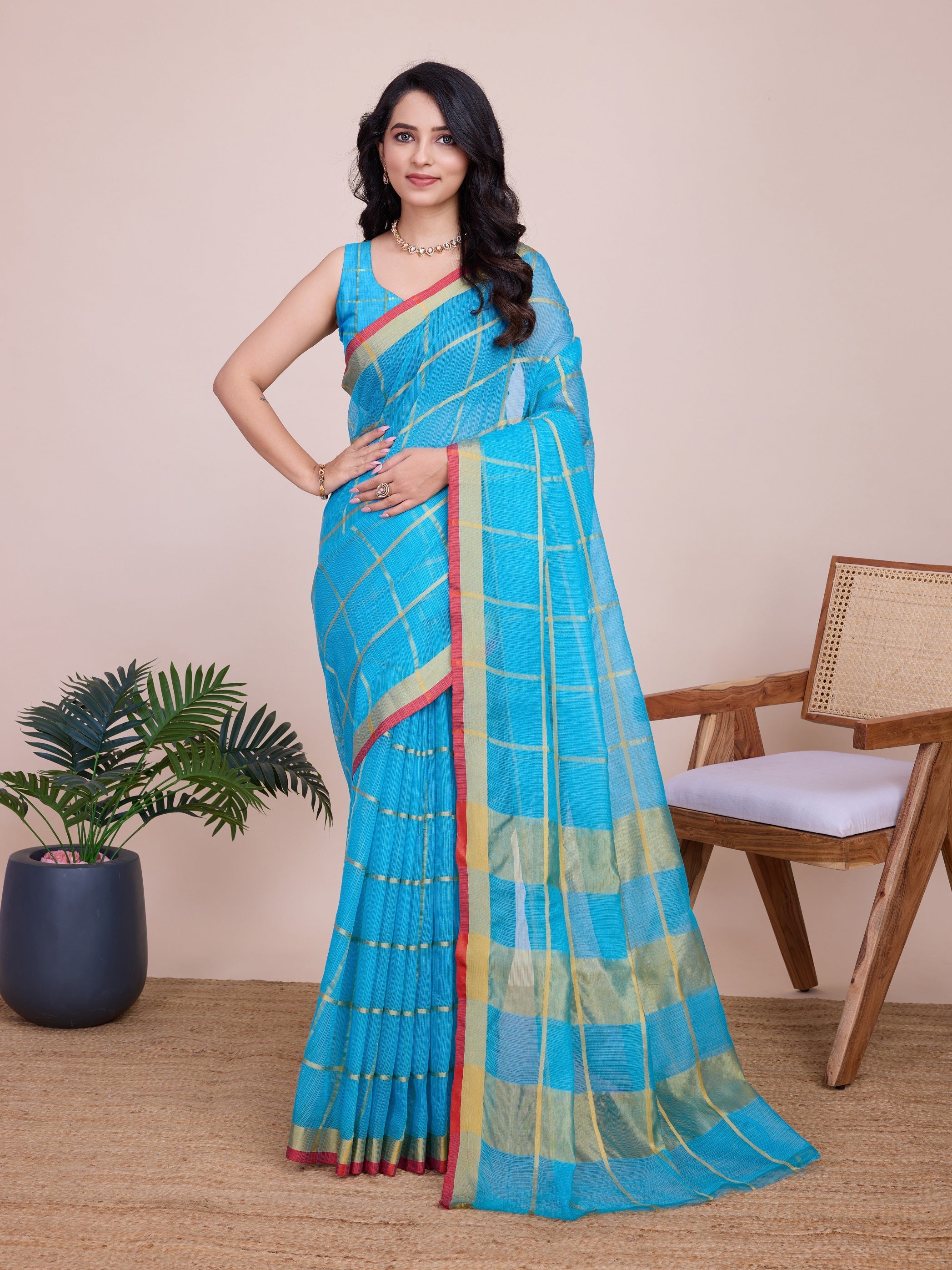 Vedant Vastram Cotton Silk Jacquard Fancy Saree - Firozi