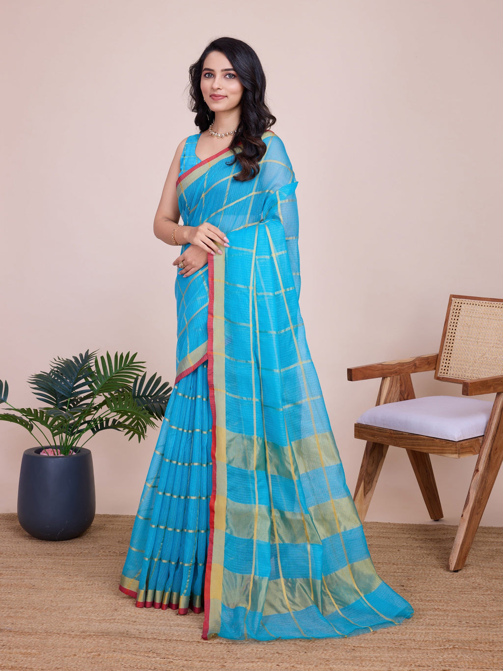 Vedant Vastram Cotton Silk Jacquard Fancy Saree - Firozi