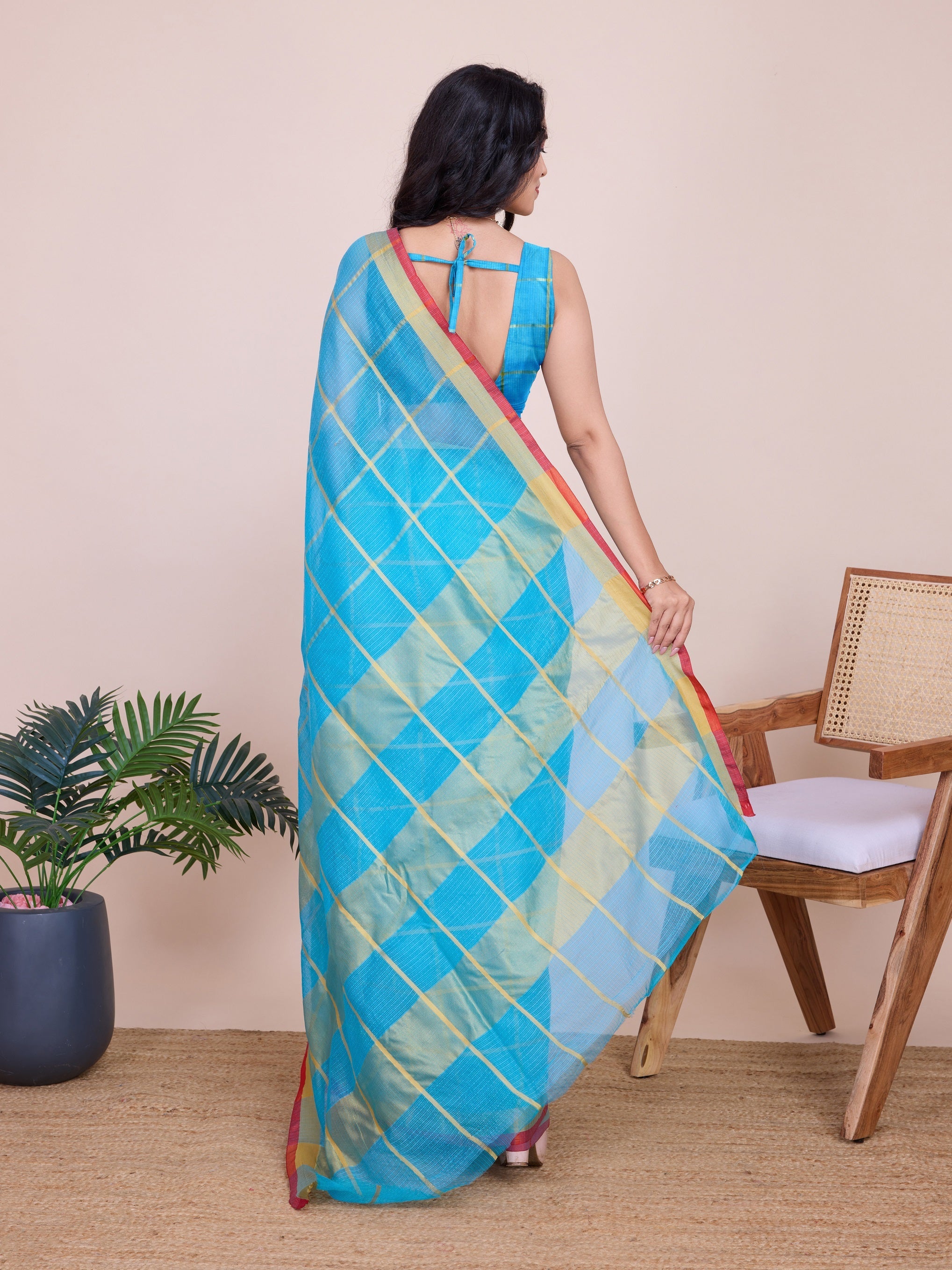 Vedant Vastram Cotton Silk Jacquard Fancy Saree - Firozi