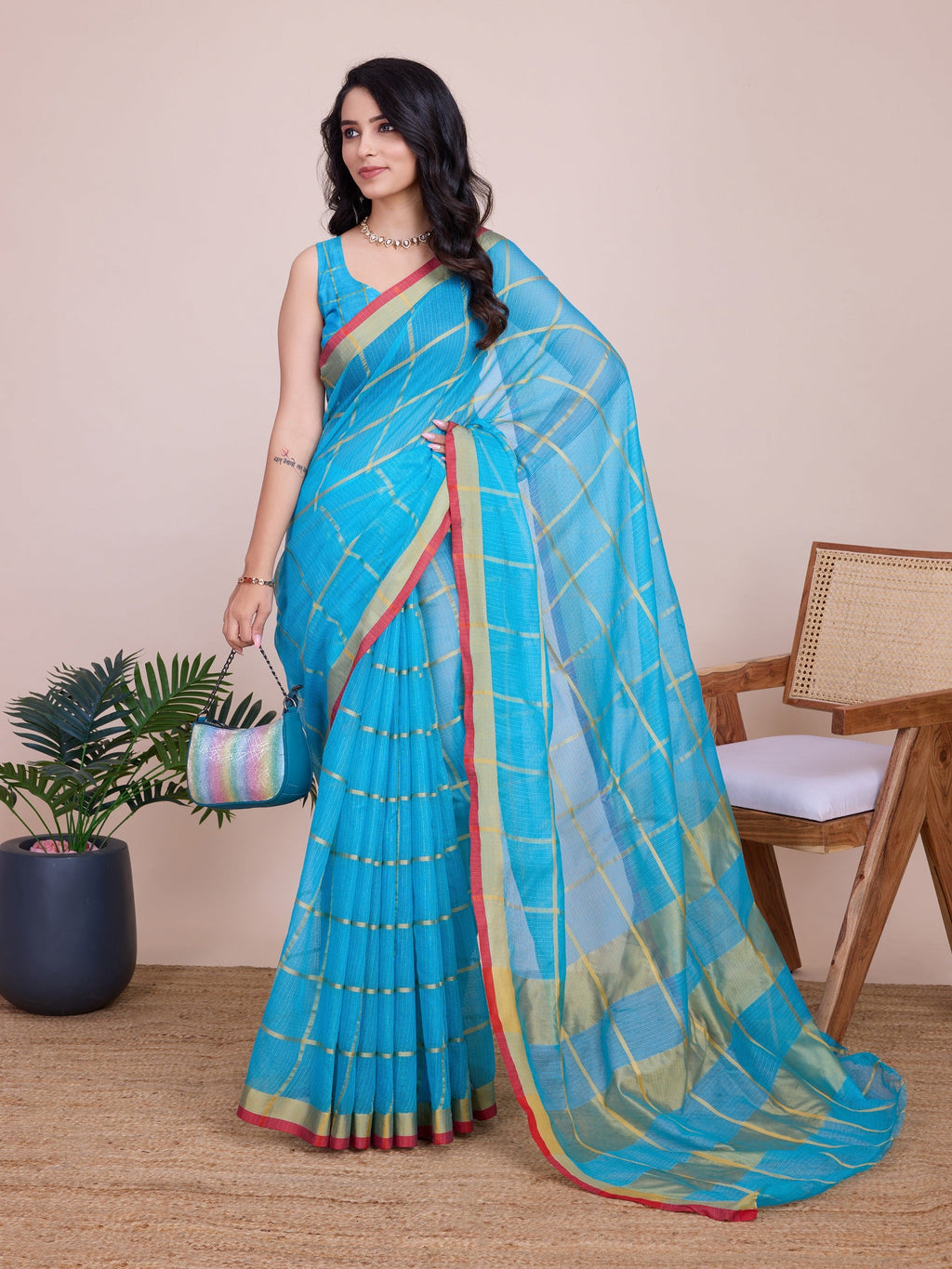 Vedant Vastram Cotton Silk Jacquard Fancy Saree - Firozi
