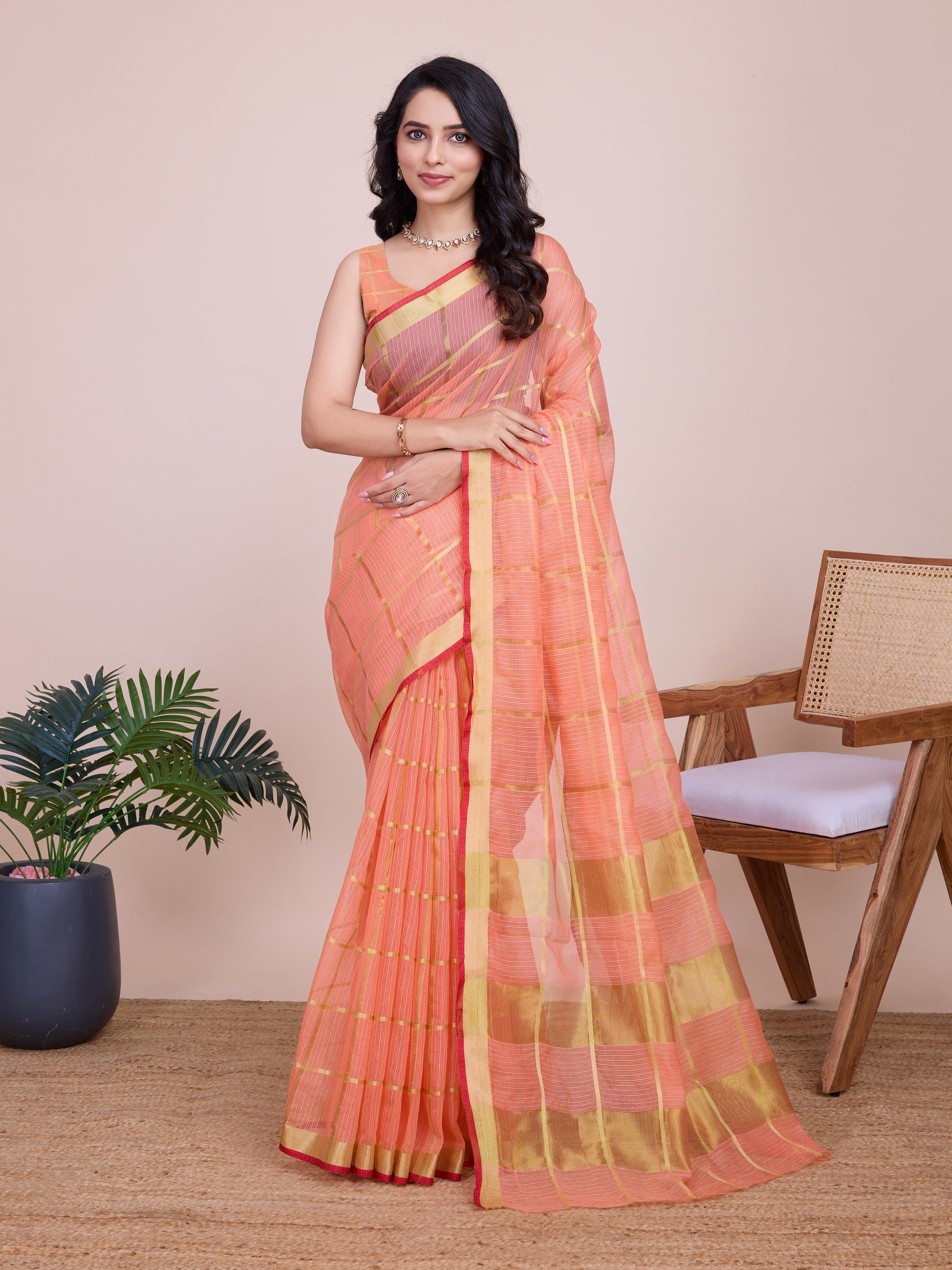 Vedant Vastram Cotton Silk Jacquard Fancy Saree - Peach