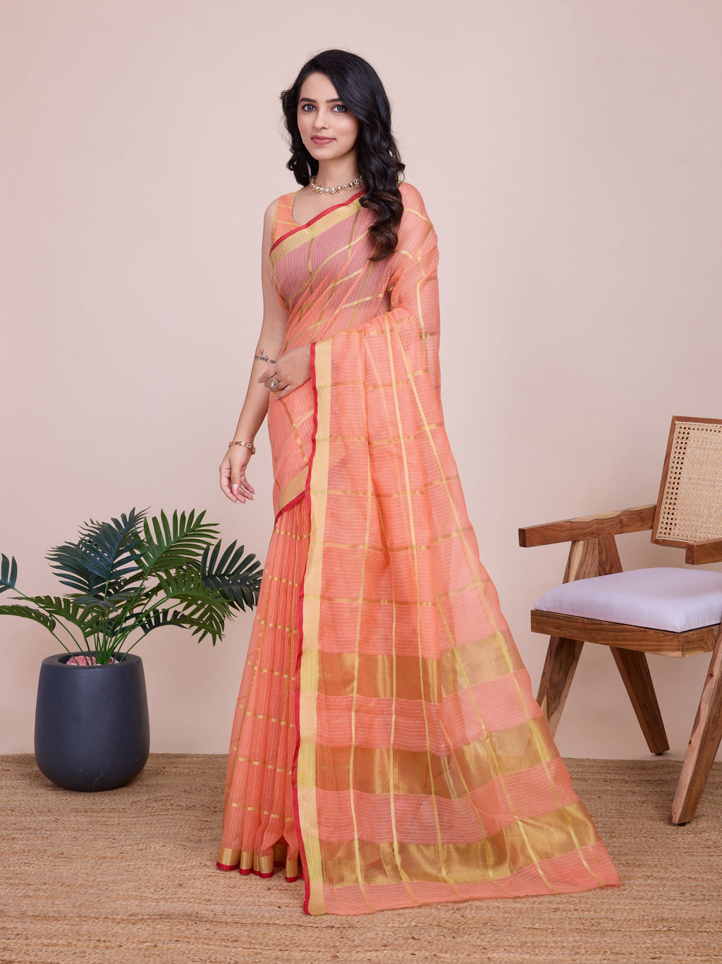 Vedant Vastram Cotton Silk Jacquard Fancy Saree - Peach