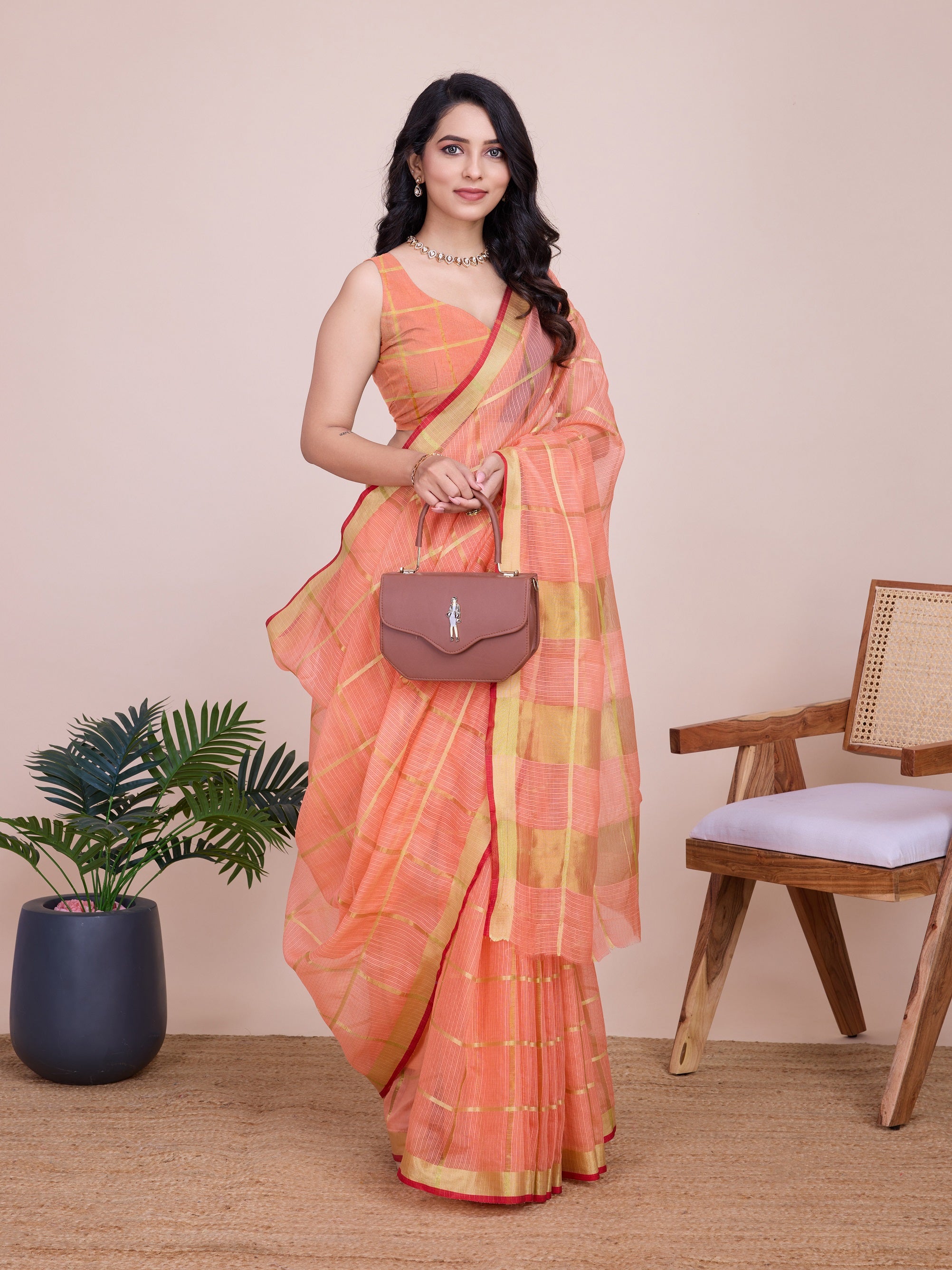 Vedant Vastram Cotton Silk Jacquard Fancy Saree - Peach