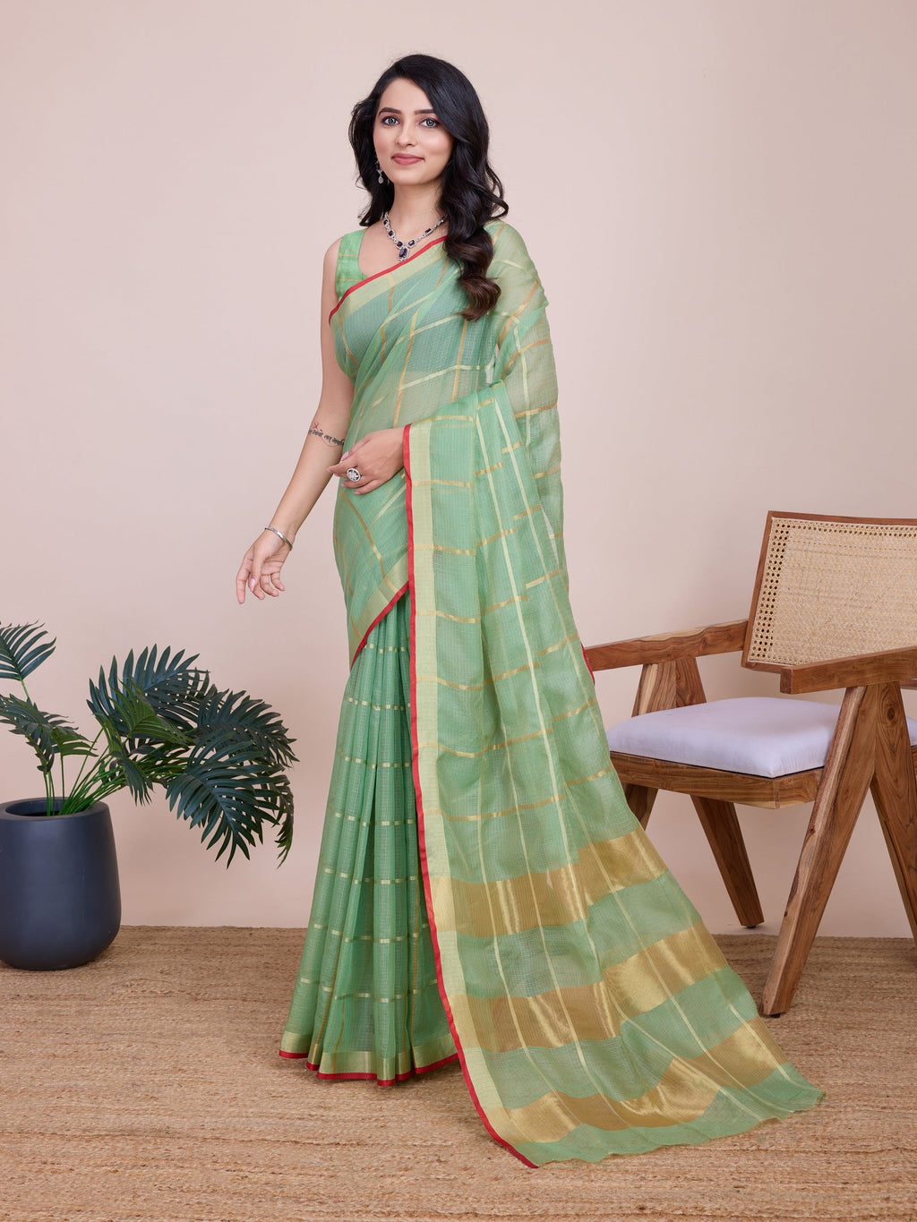 Vedant Vastram Cotton Silk Jacquard Fancy Saree - Pista