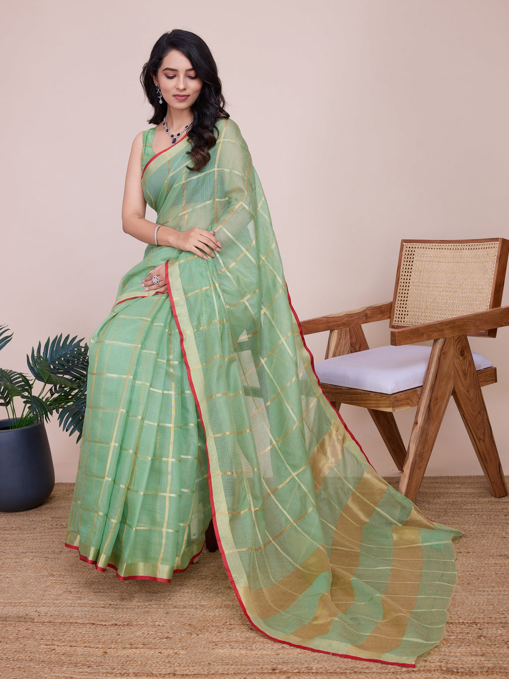 Vedant Vastram Cotton Silk Jacquard Fancy Saree - Pista