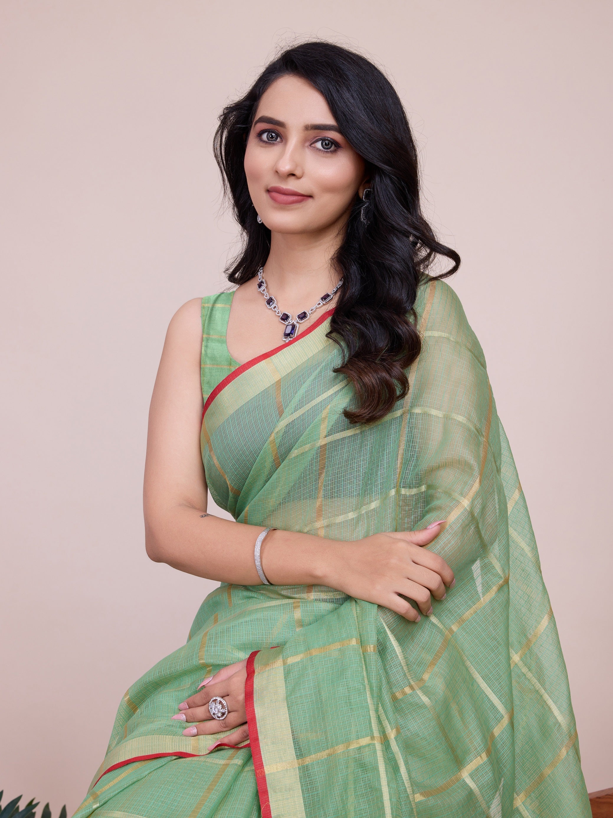 Vedant Vastram Cotton Silk Jacquard Fancy Saree - Pista