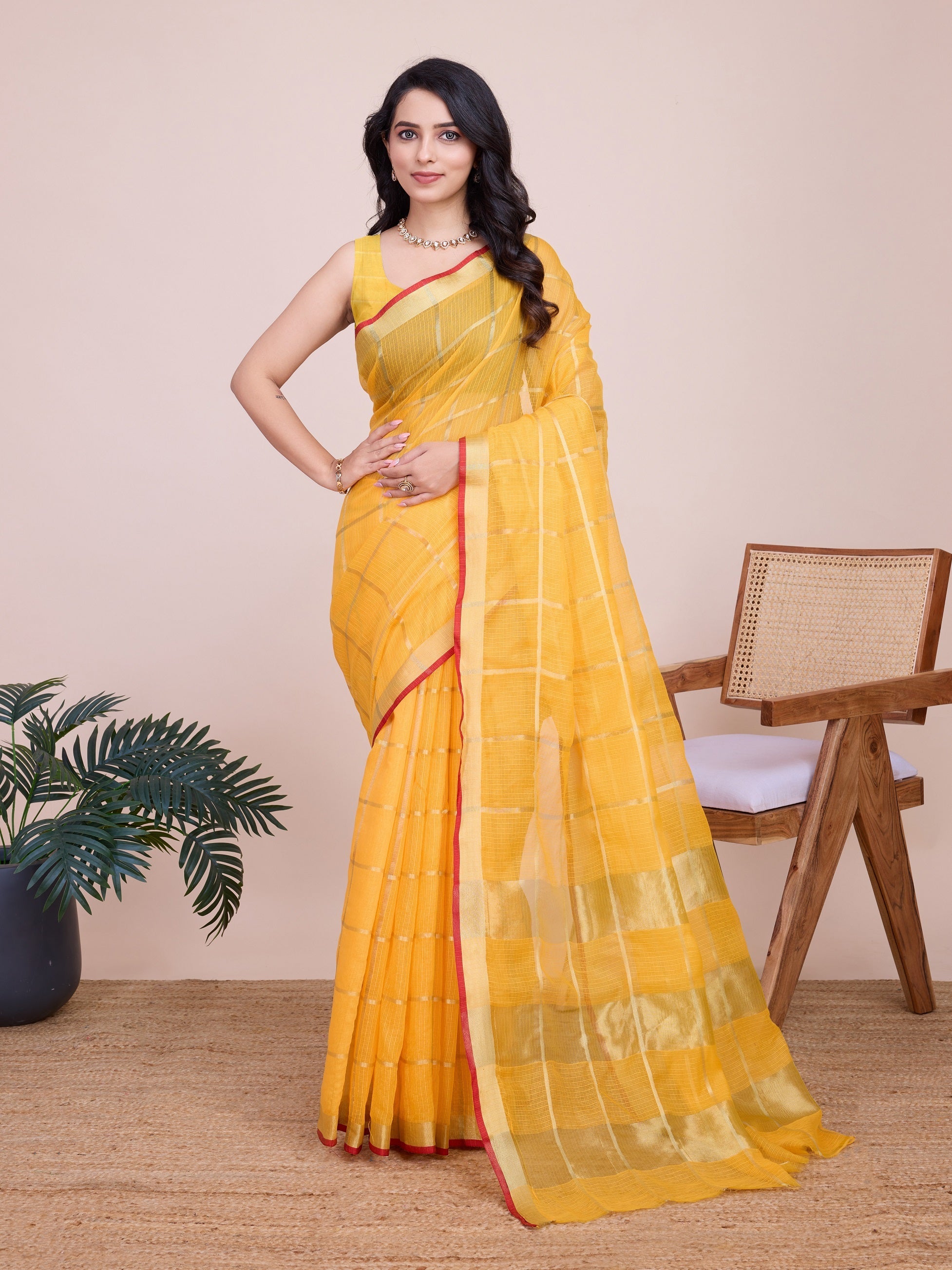 Vedant Vastram Cotton Silk Jacquard Fancy Saree - Yellow