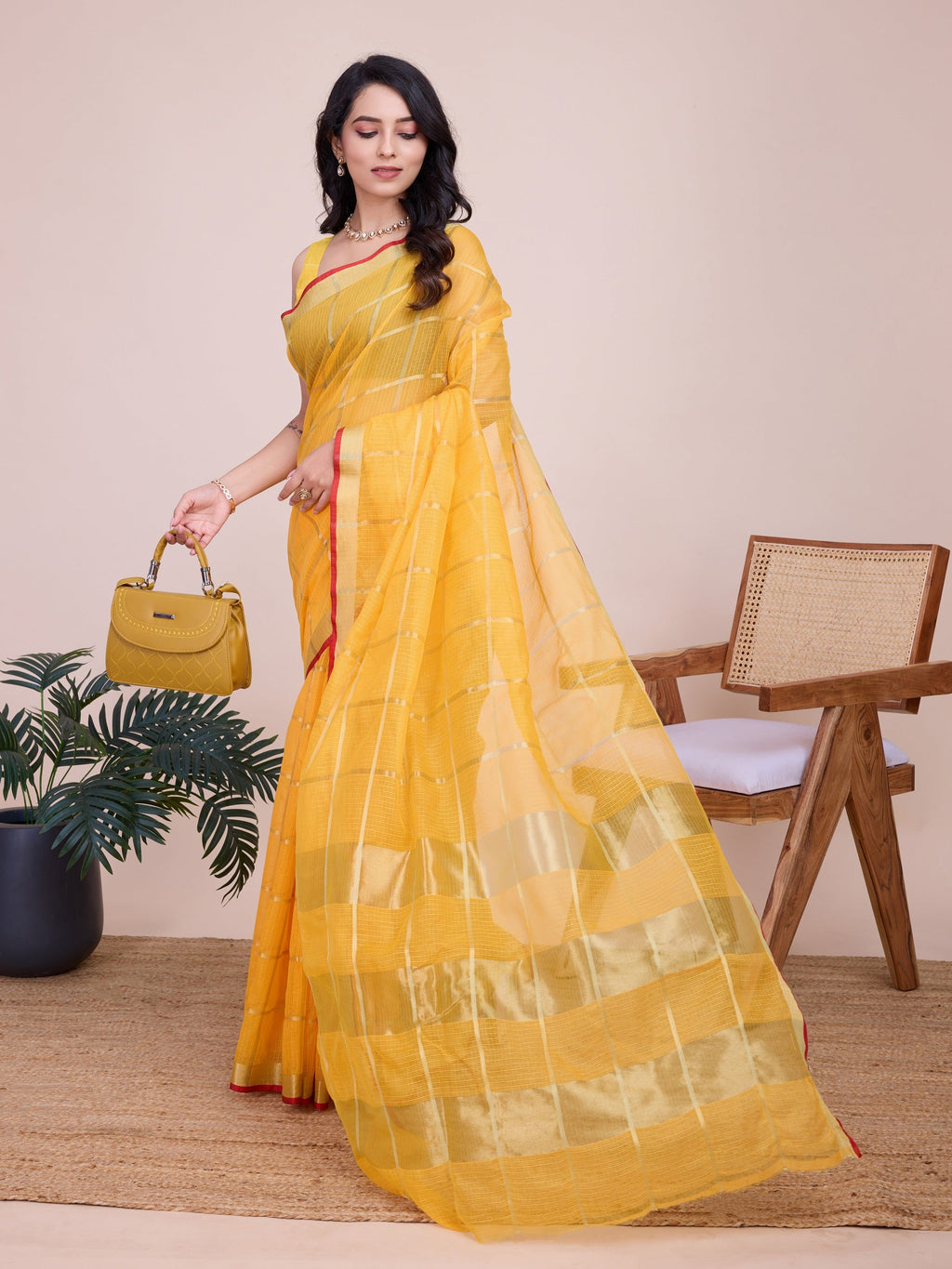 Vedant Vastram Cotton Silk Jacquard Fancy Saree - Yellow