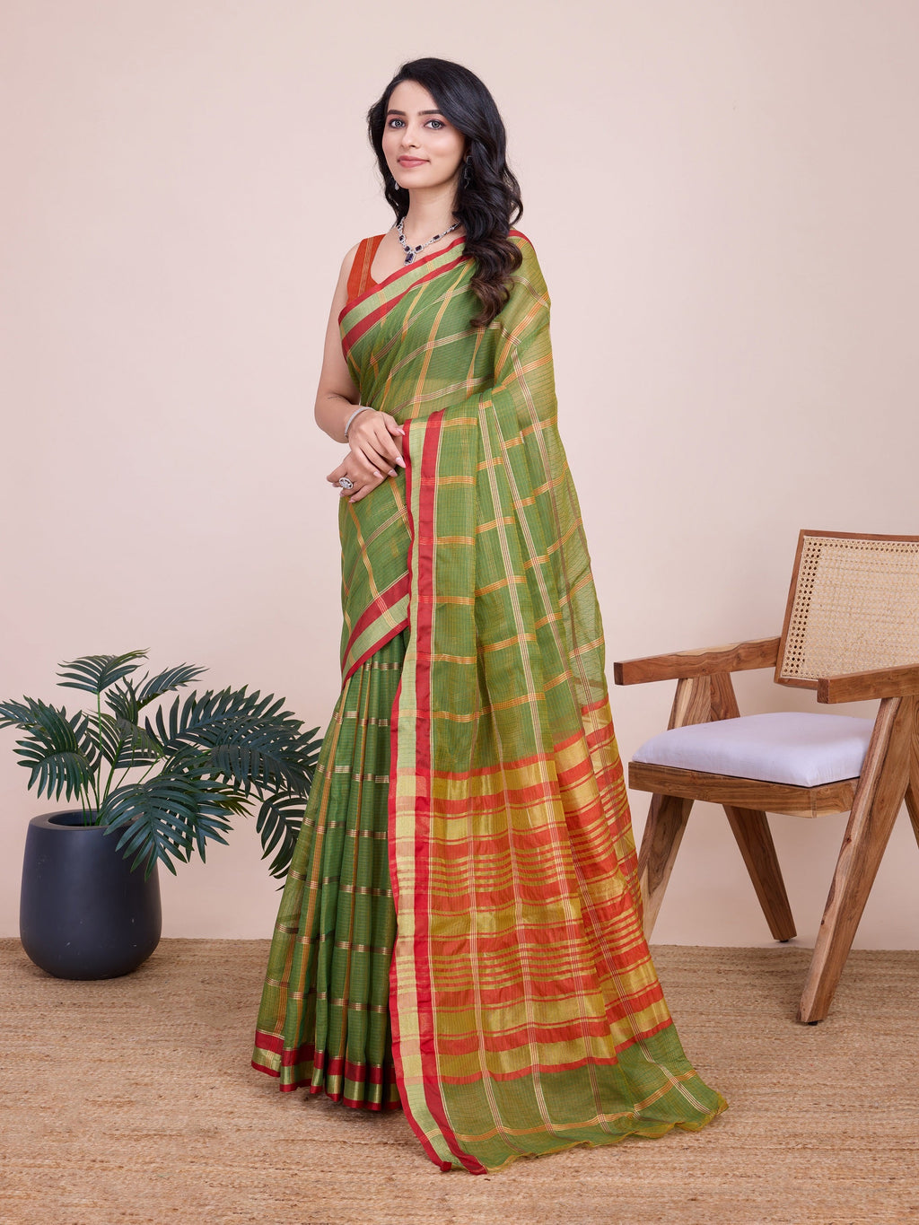 Vedant Vastram Cotton Silk Jacquard Fancy Saree - Mahendi - Distacart