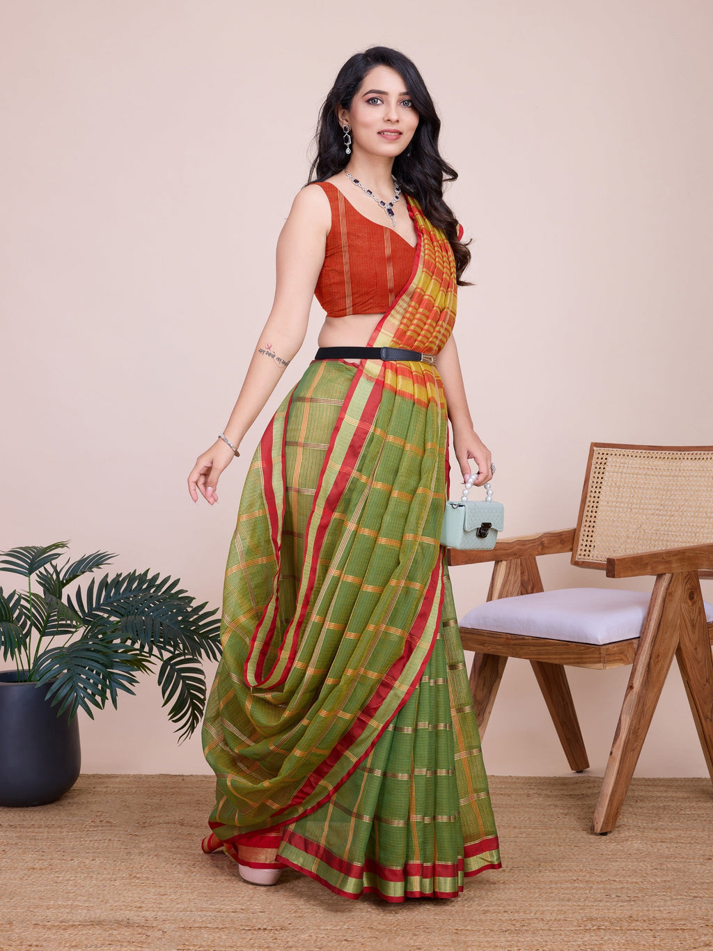 Vedant Vastram Cotton Silk Jacquard Fancy Saree - Mahendi - Distacart