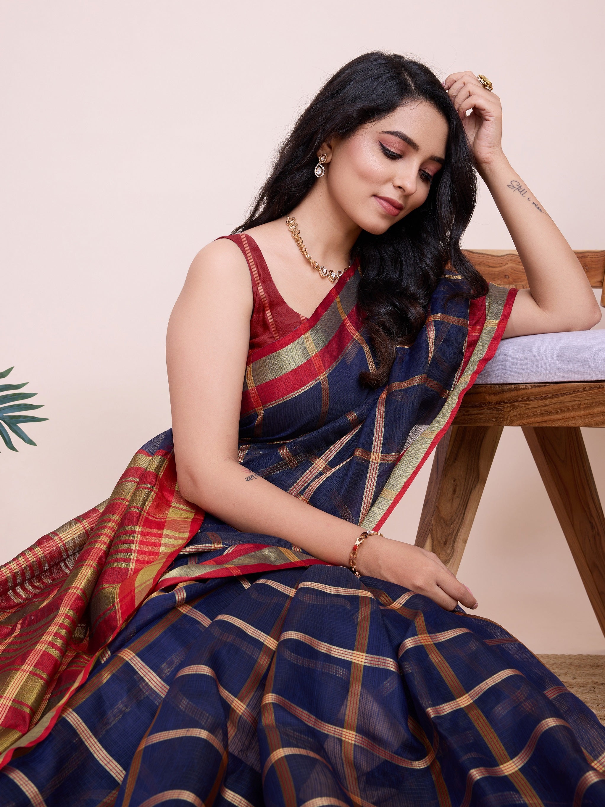 Vedant Vastram Cotton Silk Jacquard Fancy Saree - Navy - Distacart