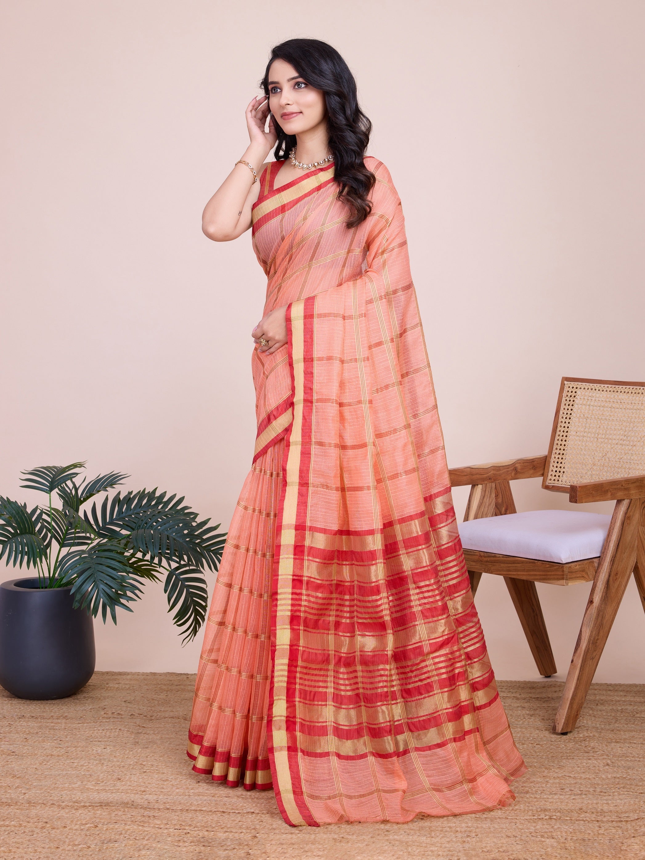 Vedant Vastram Cotton Silk Jacquard Fancy Saree - Peach - Distacart
