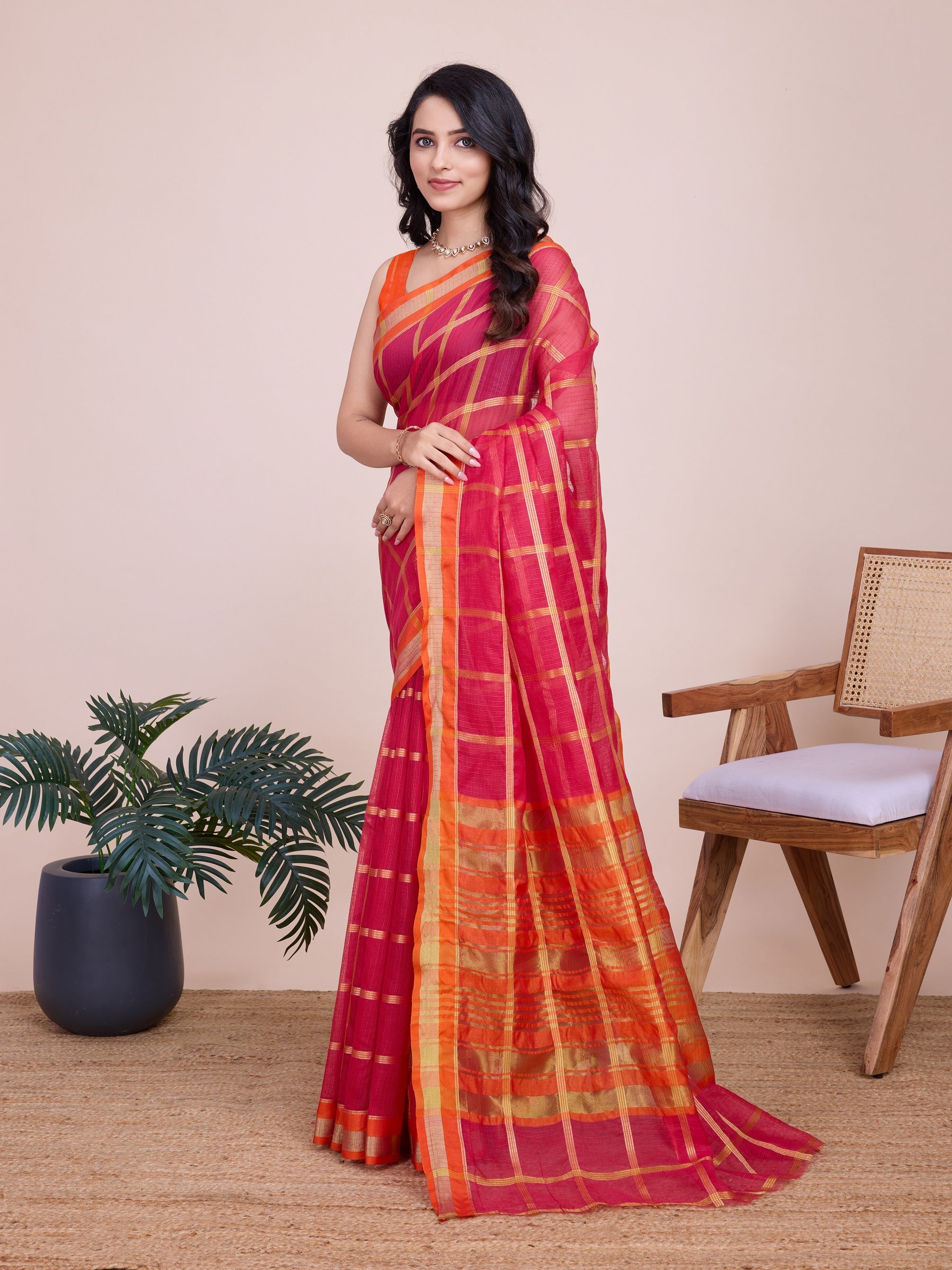Vedant Vastram Cotton Silk Jacquard Fancy Saree - Pink - Distacart