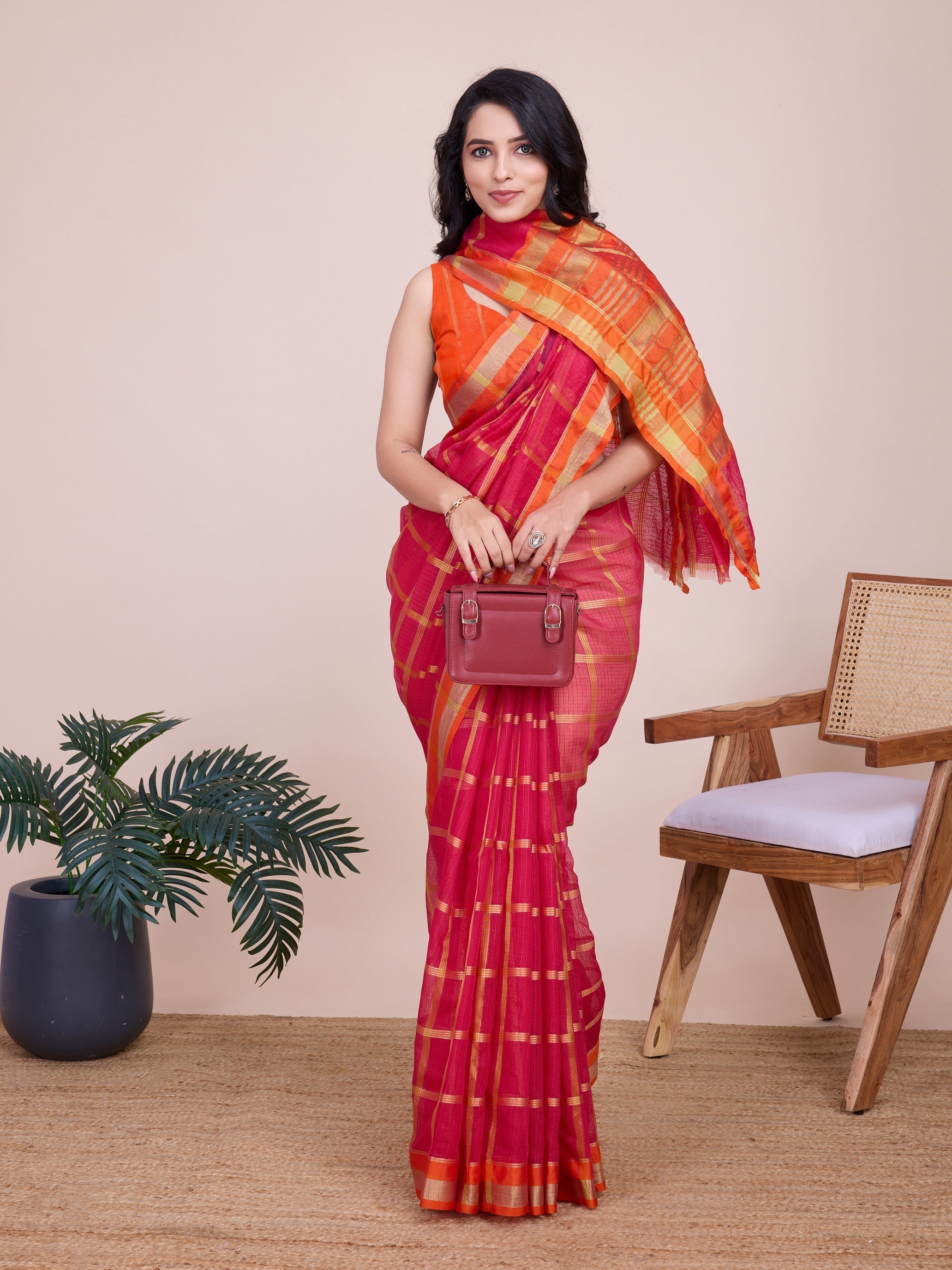 Vedant Vastram Cotton Silk Jacquard Fancy Saree - Pink - Distacart