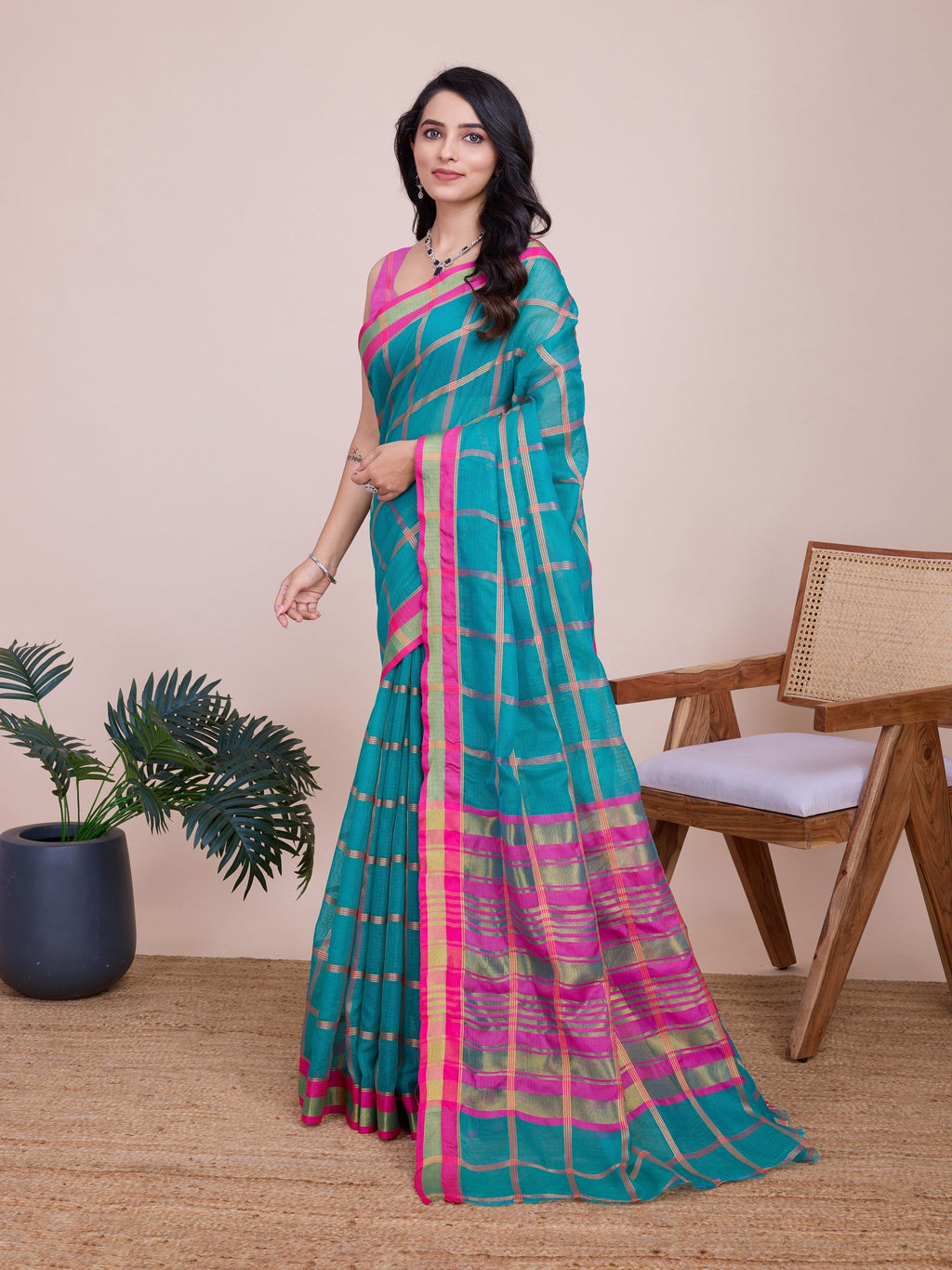 Vedant Vastram Cotton Silk Jacquard Fancy Saree - Seagreen - Distacart