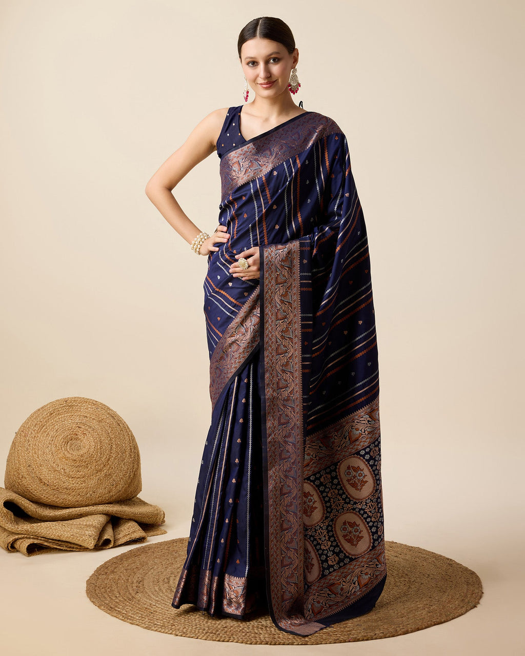 Vedant Vastram Soft Litchi Silk Banarasi Silk Saree - Navy - Distacart