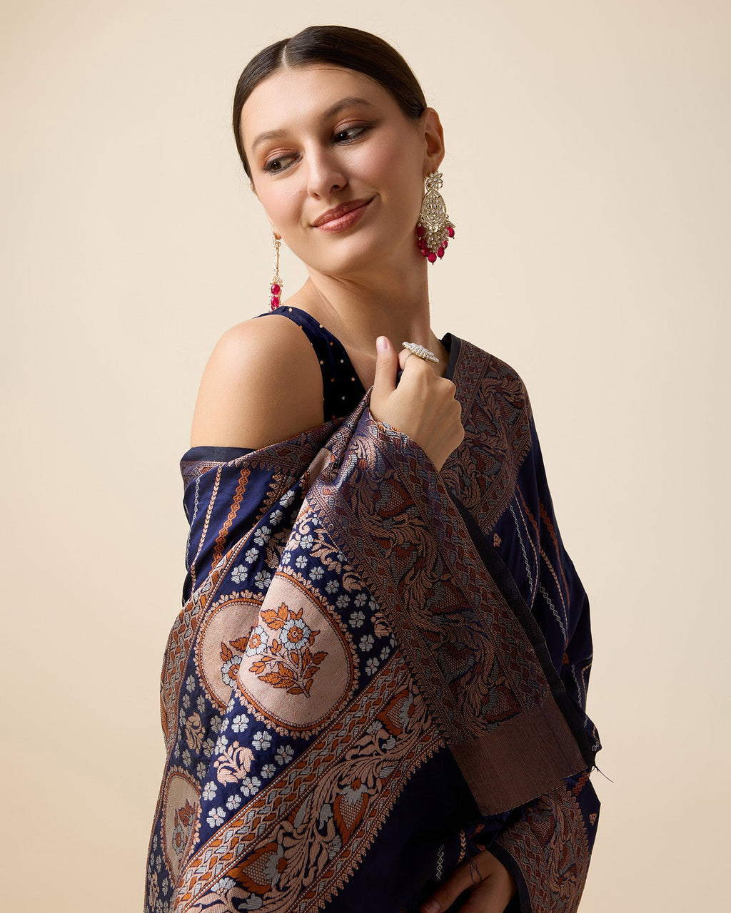 Vedant Vastram Soft Litchi Silk Banarasi Silk Saree - Navy - Distacart