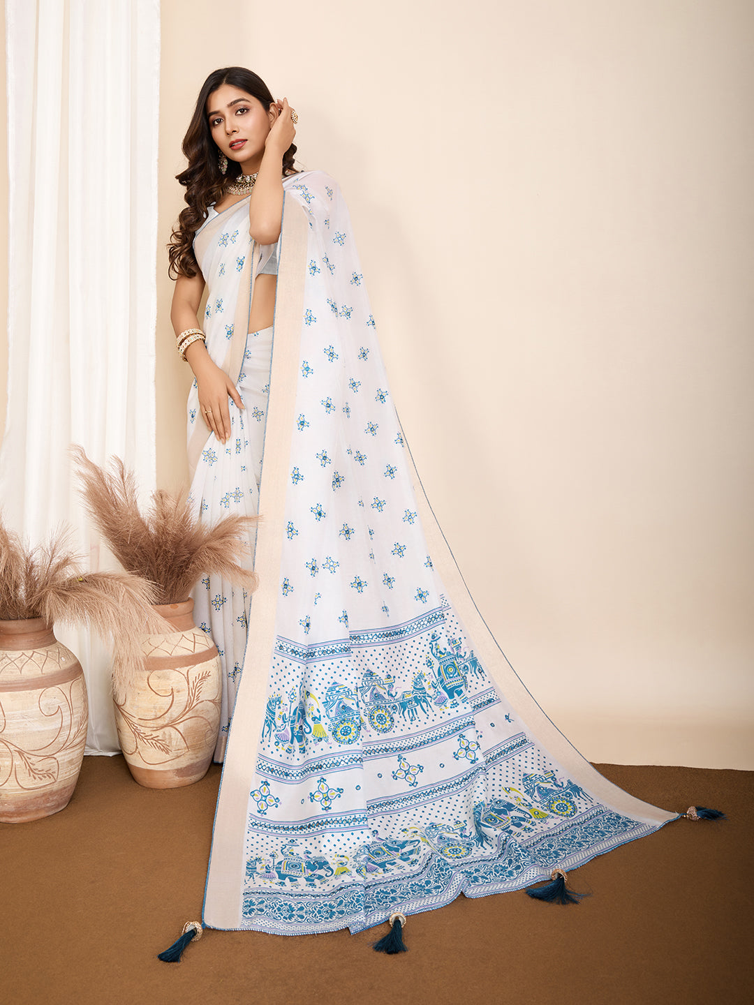 Vedant Vastram Maslin Cotton Printed & Hand work Fancy Saree - Blue - Distacart