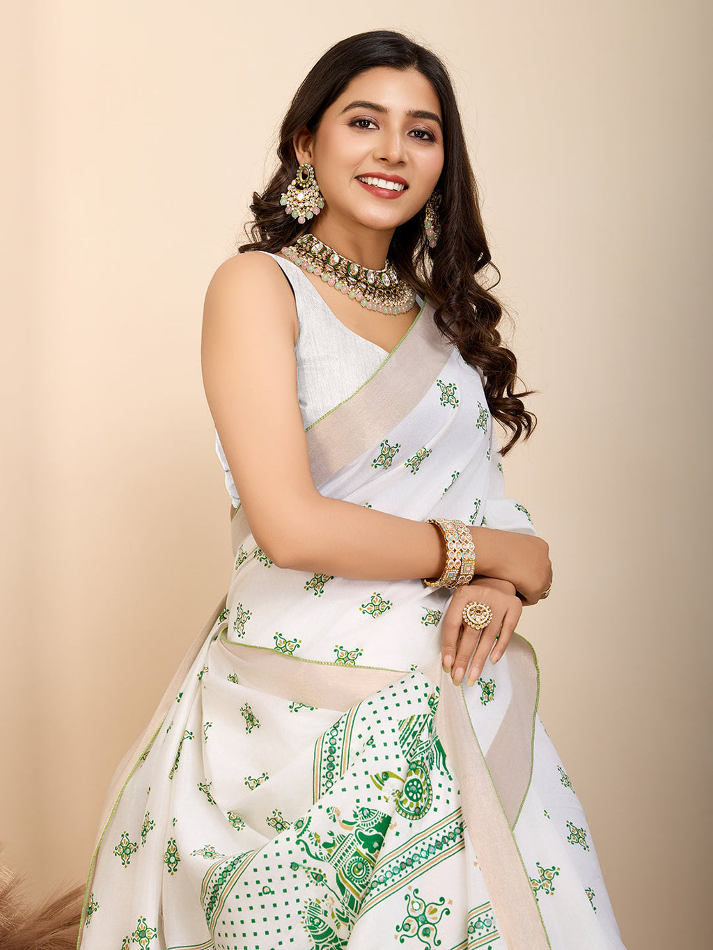 Vedant Vastram Maslin Cotton Printed & Hand work Fancy Saree - Green - Distacart