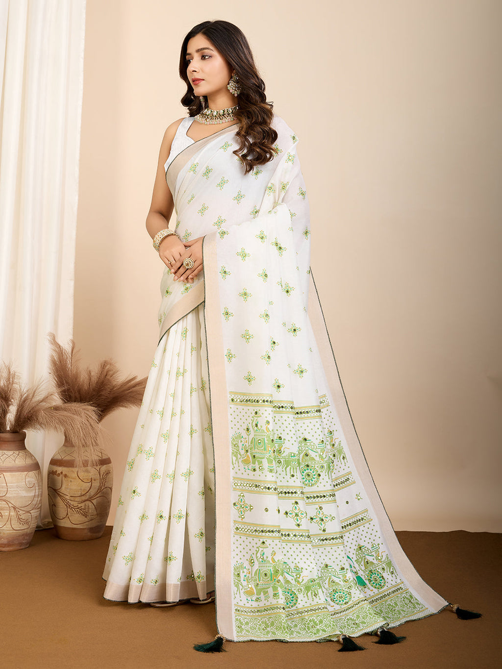 Vedant Vastram Maslin Cotton Printed & Hand work Fancy Saree - Pista - Distacart