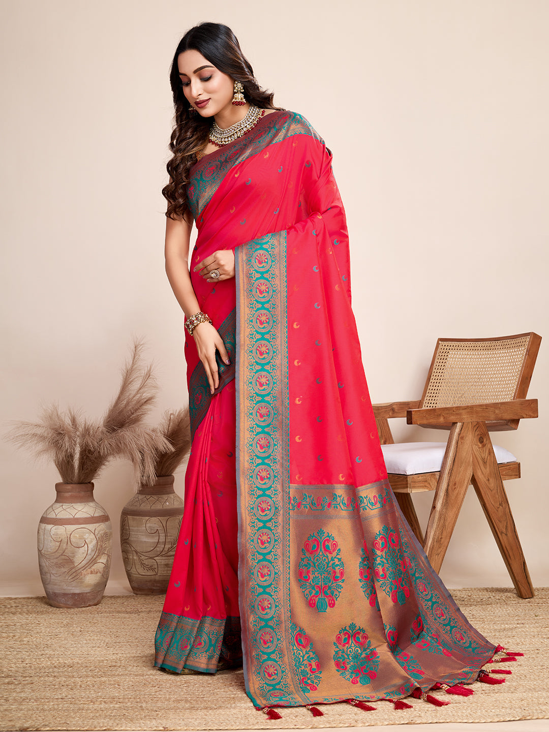 Vedant Vastram Soft Litchi Silk Kanjeevaram Silk Saree - Rani - Distacart