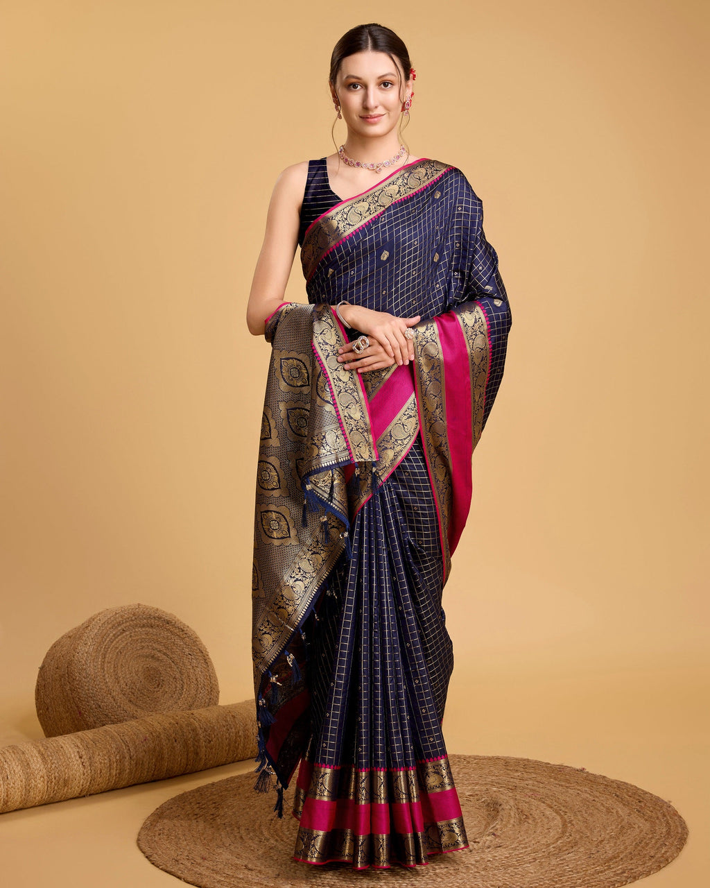 Vedant Vastram Soft Litchi Silk Banarasi Silk Saree - Navy