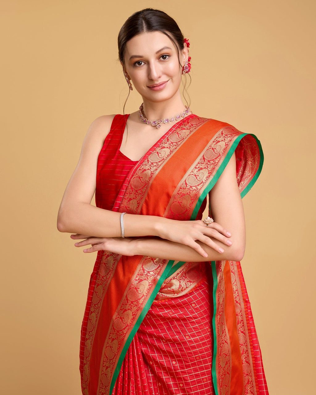 Vedant Vastram Soft Litchi Silk Banarasi Silk Saree - Red