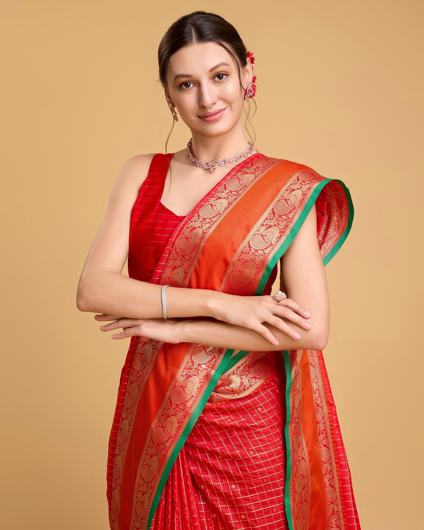 Vedant Vastram Soft Litchi Silk Banarasi Silk Saree - Red