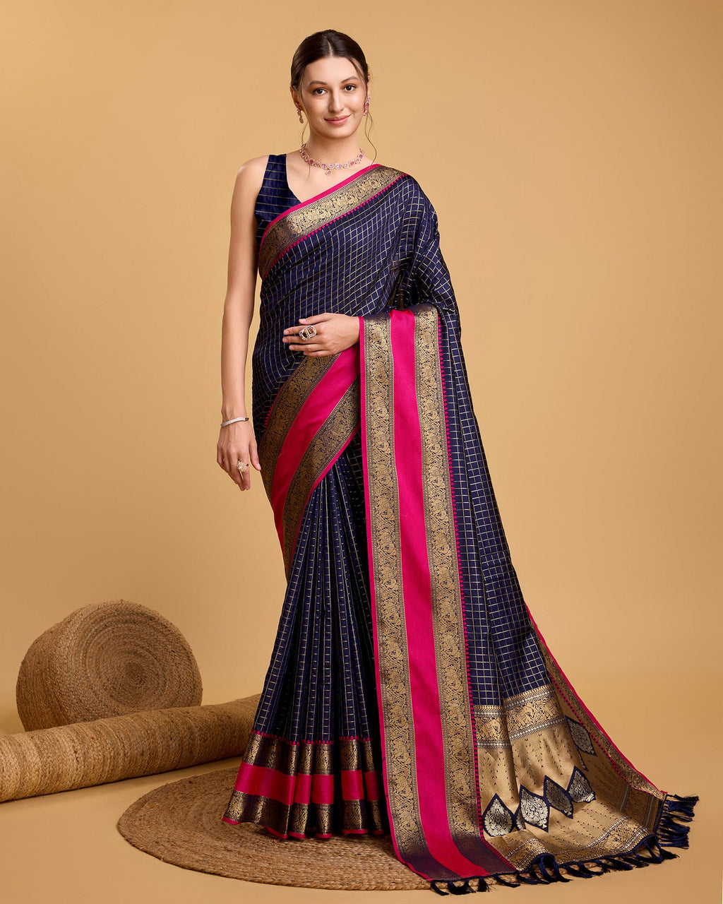 Vedant Vastram Soft Litchi Silk Banarasi Silk Saree - Navy