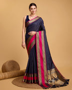 Vedant Vastram Soft Litchi Silk Banarasi Silk Saree - Navy