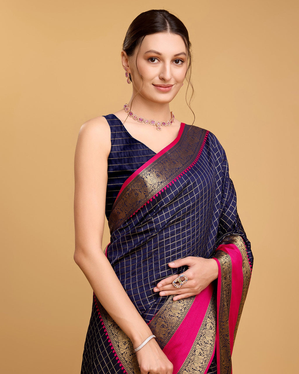 Vedant Vastram Soft Litchi Silk Banarasi Silk Saree - Navy