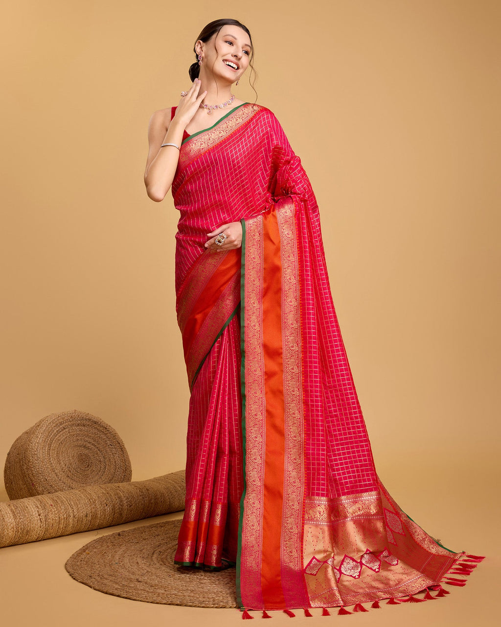 Vedant Vastram Soft Litchi Silk Banarasi Silk Saree - Pink - Distacart