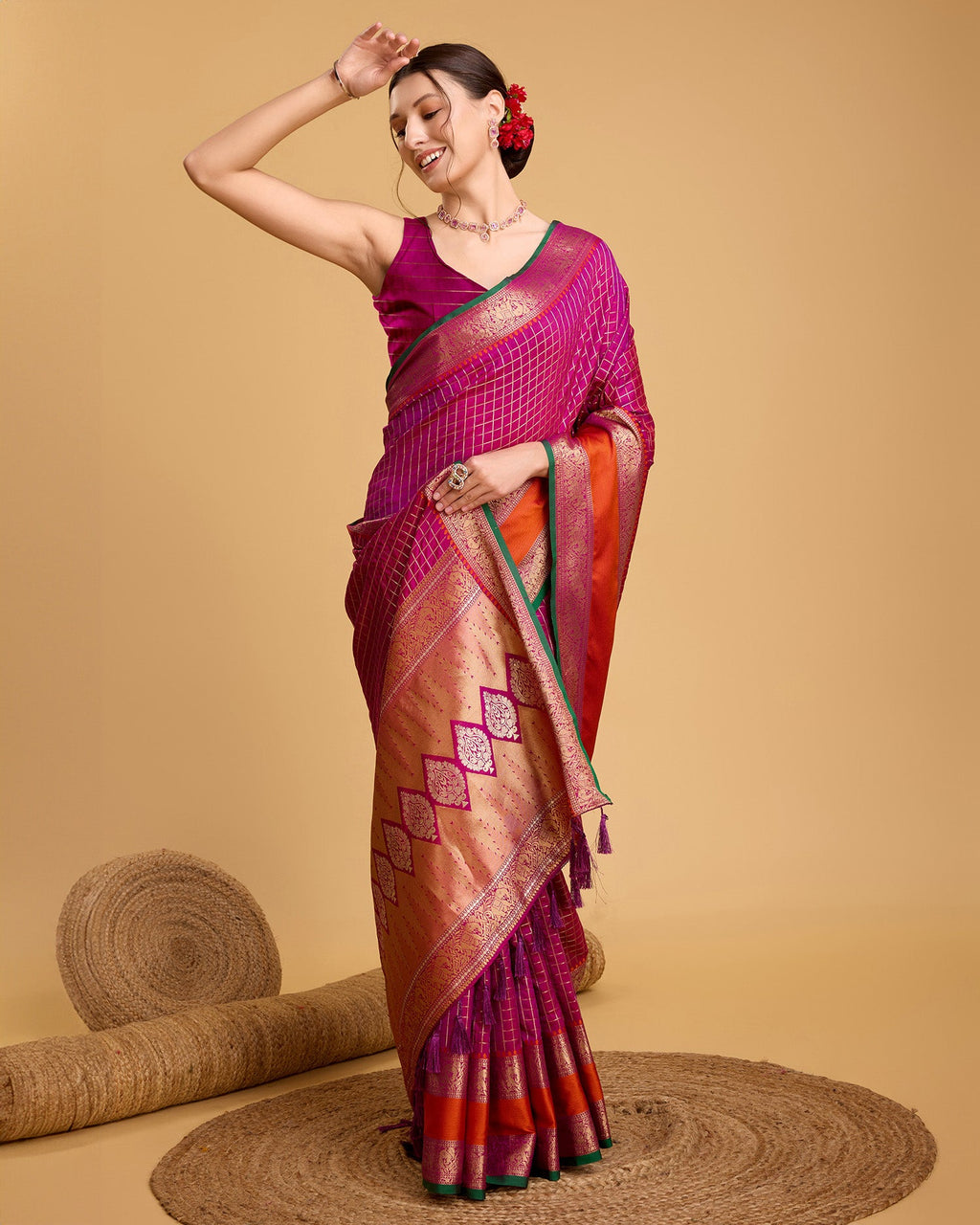 Vedant Vastram Soft Litchi Silk Banarasi Silk Saree - Rani - Distacart