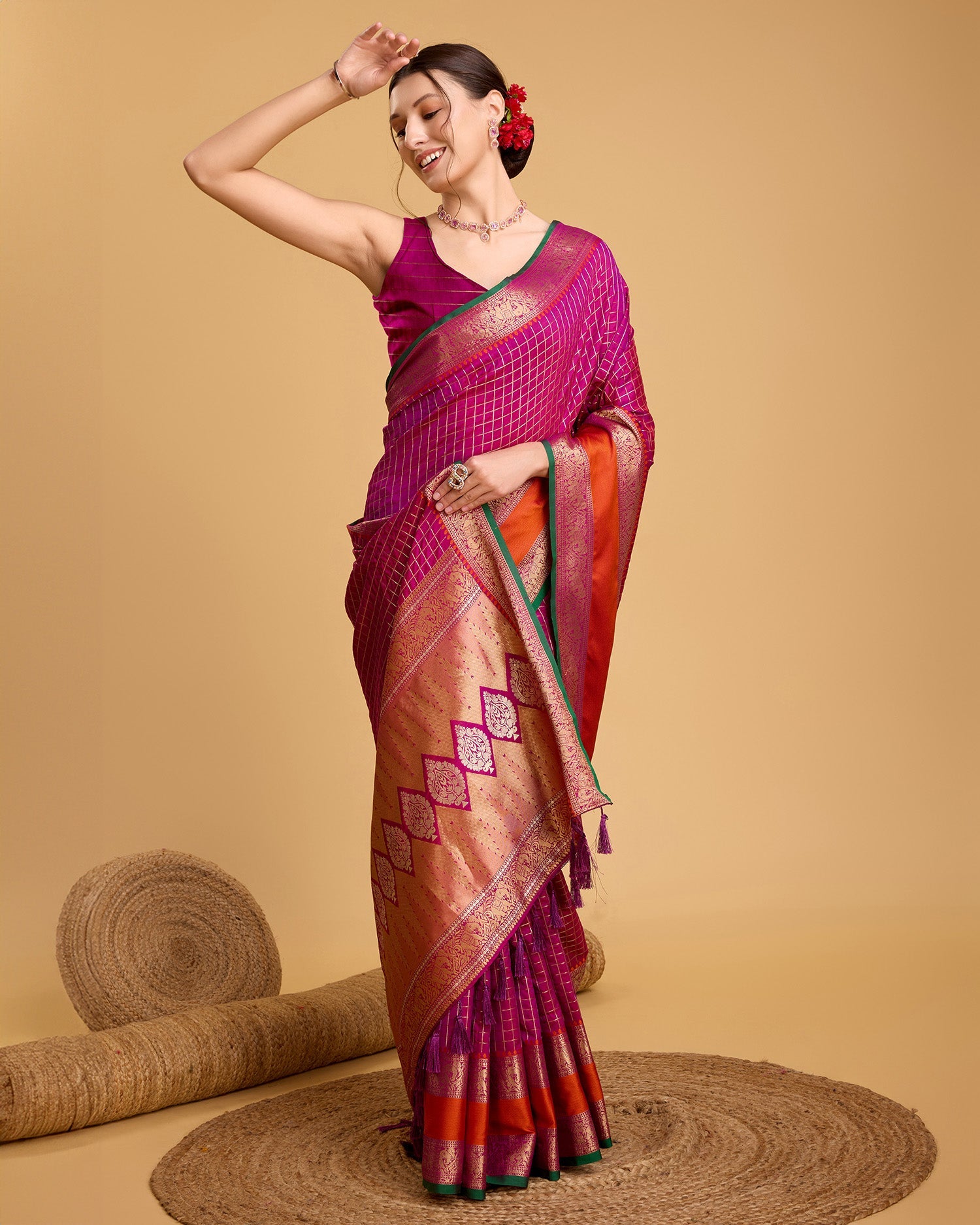 Vedant Vastram Soft Litchi Silk Banarasi Silk Saree - Rani - Distacart
