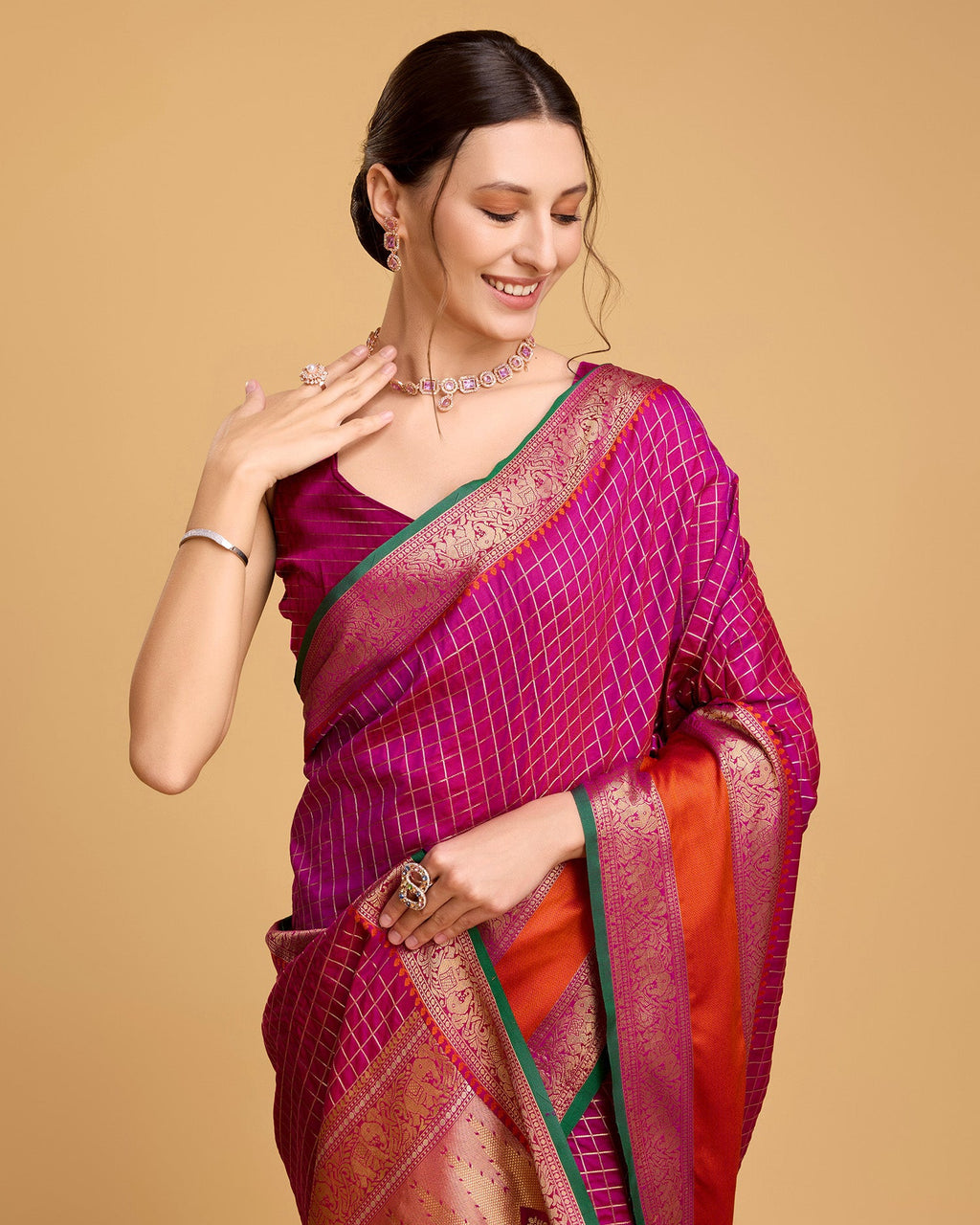 Vedant Vastram Soft Litchi Silk Banarasi Silk Saree - Rani - Distacart