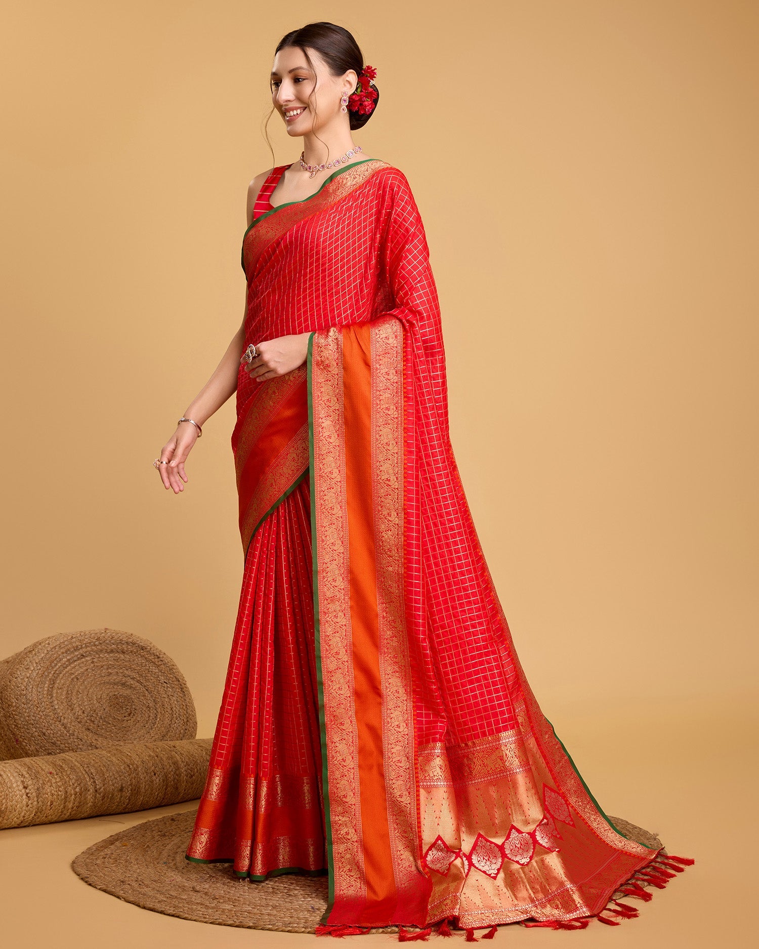 Vedant Vastram Soft Litchi Silk Banarasi Silk Saree - Red - Distacart