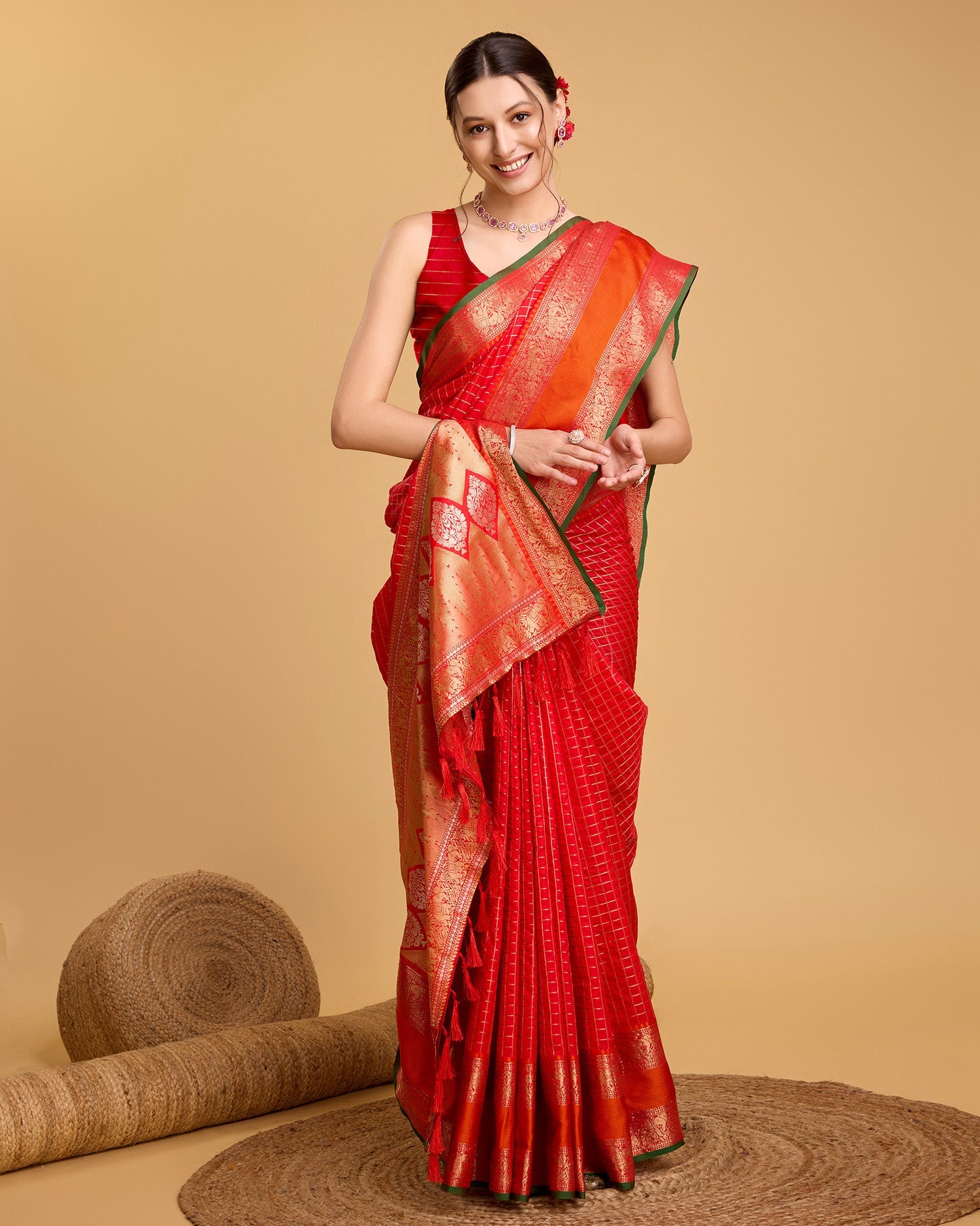 Vedant Vastram Soft Litchi Silk Banarasi Silk Saree - Red - Distacart