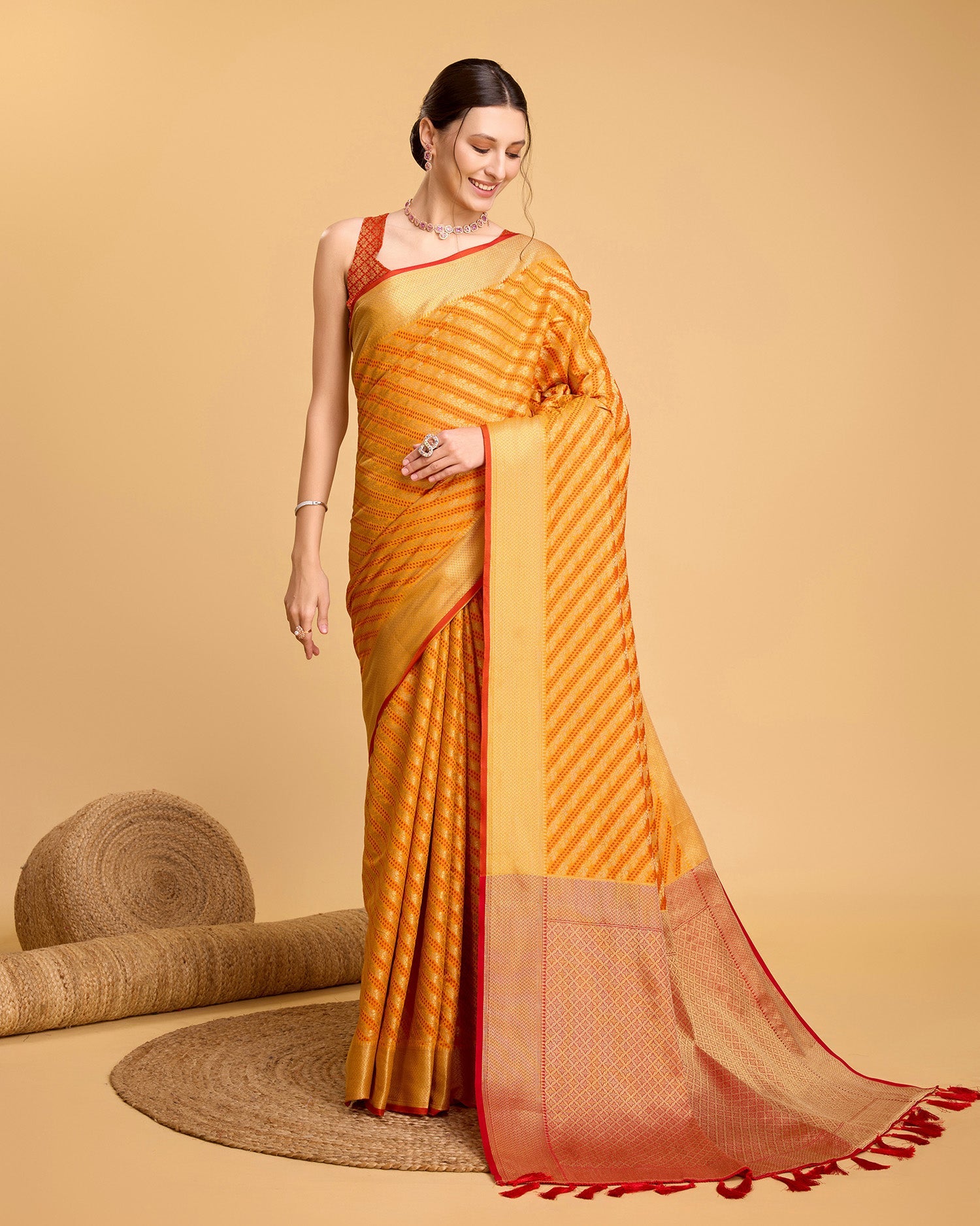 Vedant Vastram Soft Litchi Silk Kanjeevaram Silk Saree - Mustard - Distacart