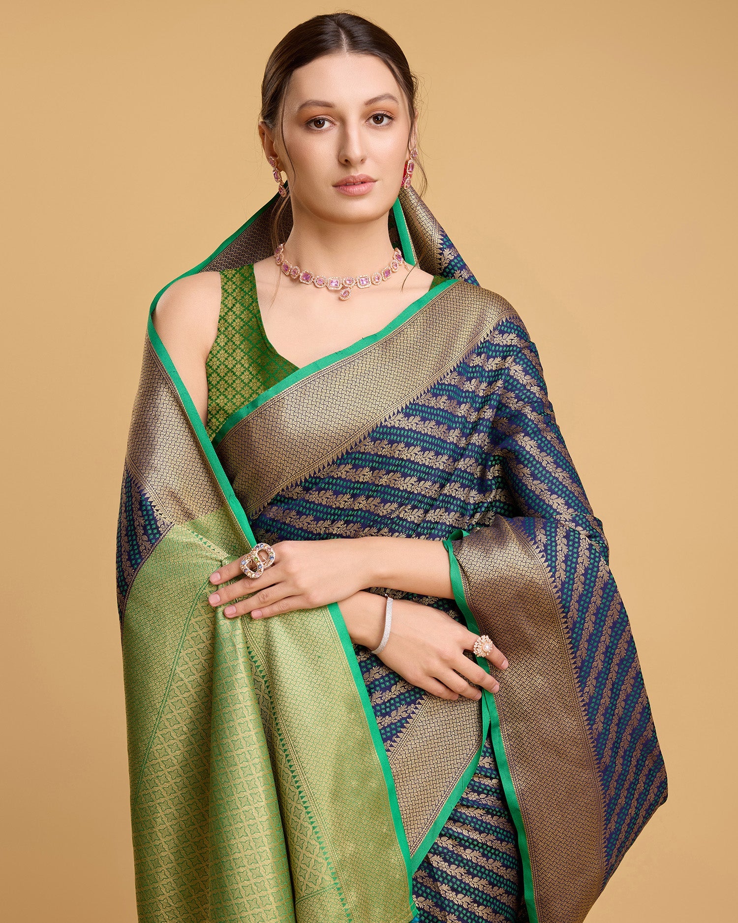 Vedant Vastram Soft Litchi Silk Kanjeevaram Silk Saree - Navy - Distacart