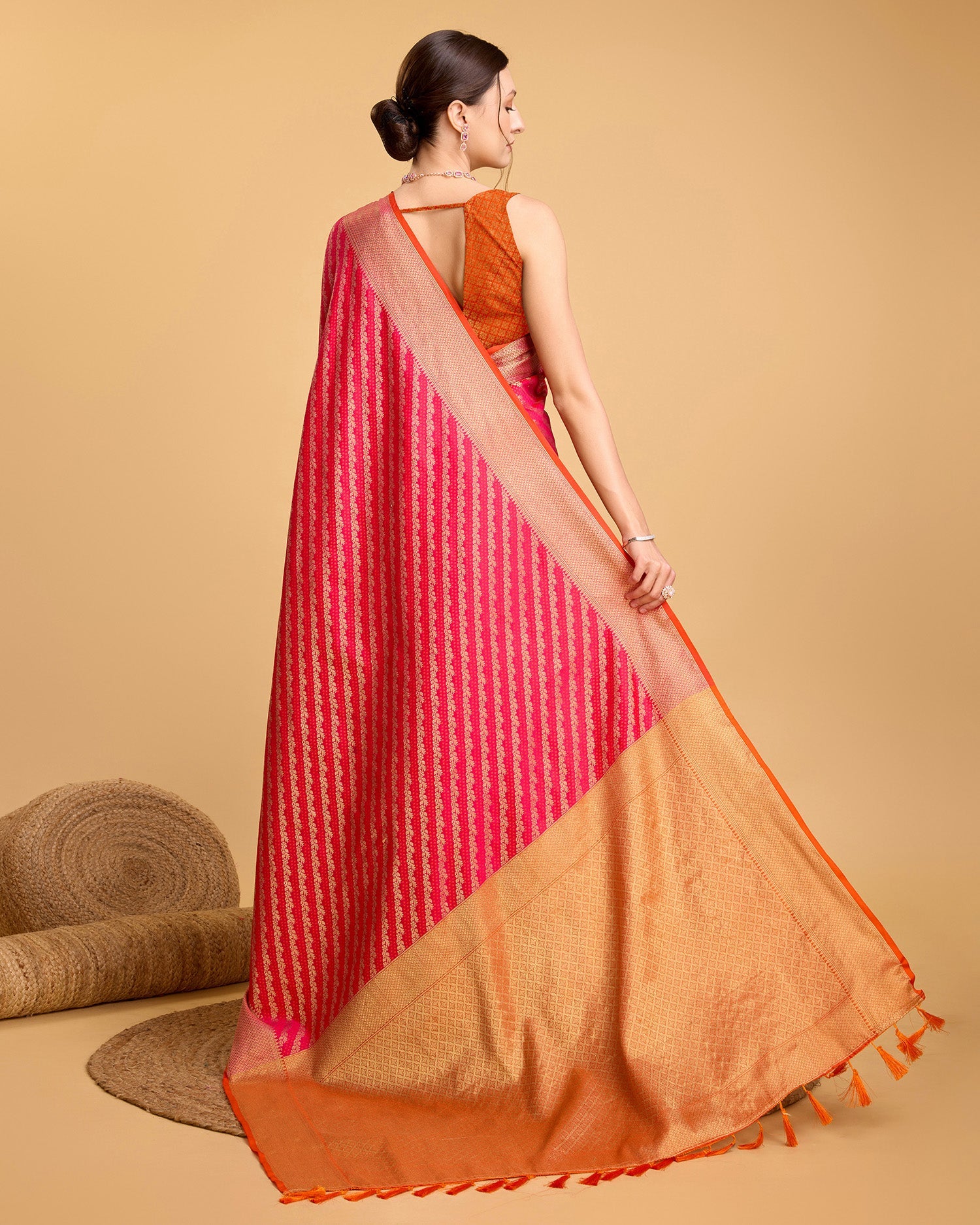 Vedant Vastram Soft Litchi Silk Kanjeevaram Silk Saree - Pink - Distacart