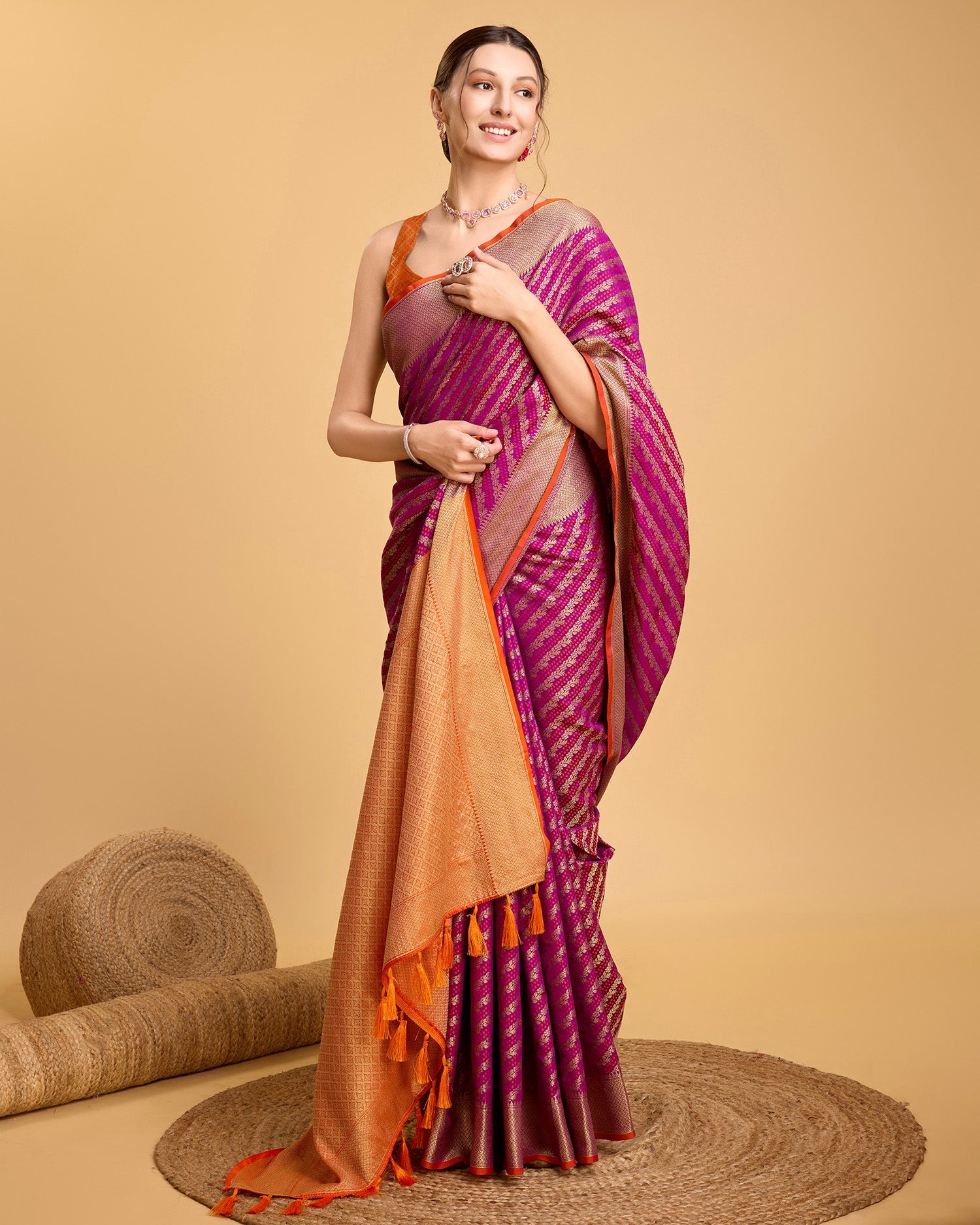 Vedant Vastram Soft Litchi Silk Kanjeevaram Silk Saree - Purple - Distacart