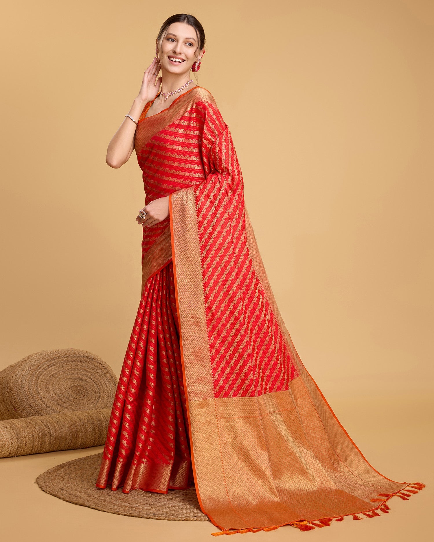 Vedant Vastram Soft Litchi Silk Kanjeevaram Silk Saree - Red - Distacart
