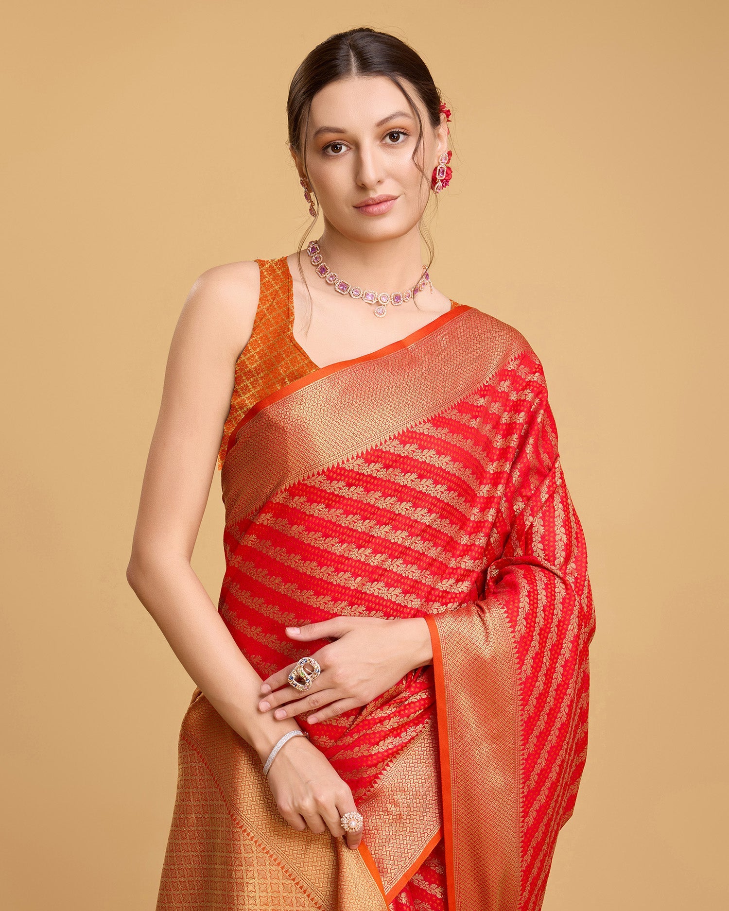 Vedant Vastram Soft Litchi Silk Kanjeevaram Silk Saree - Red - Distacart