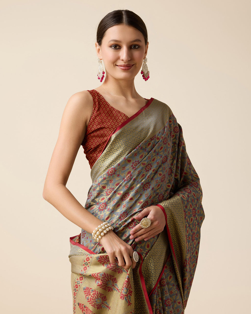 Vedant Vastram Soft Litchi Silk Kanjeevaram Silk Saree - Maroon - Distacart